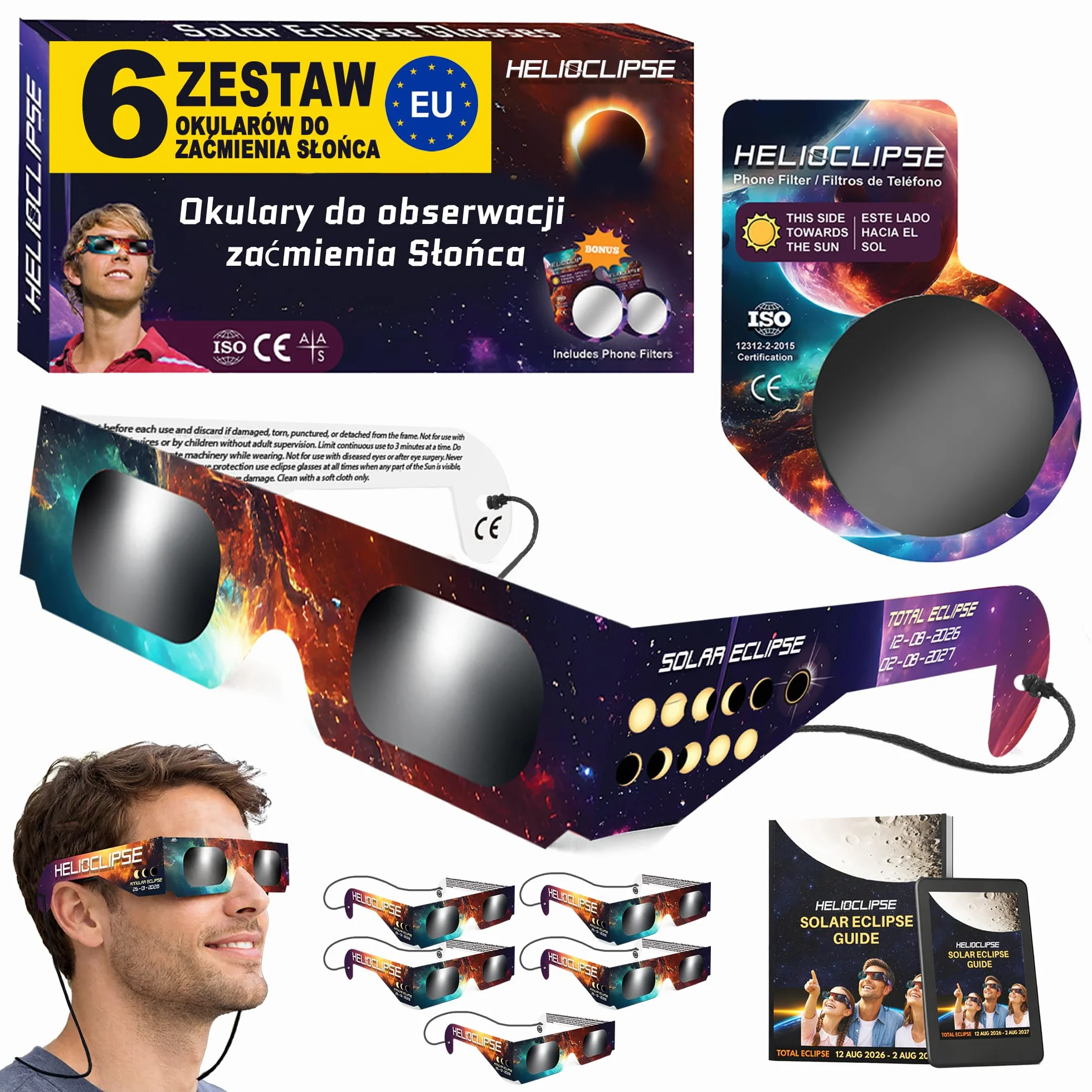 Okulary do oglądania zaćmienia Słońca Helioclipse 6 szt. 2026 - Przeznaczone do bezpiecznego oglądania zaćmienia Słońca - Zestaw 6 szt. - Bonus 1x filtr do telefonu