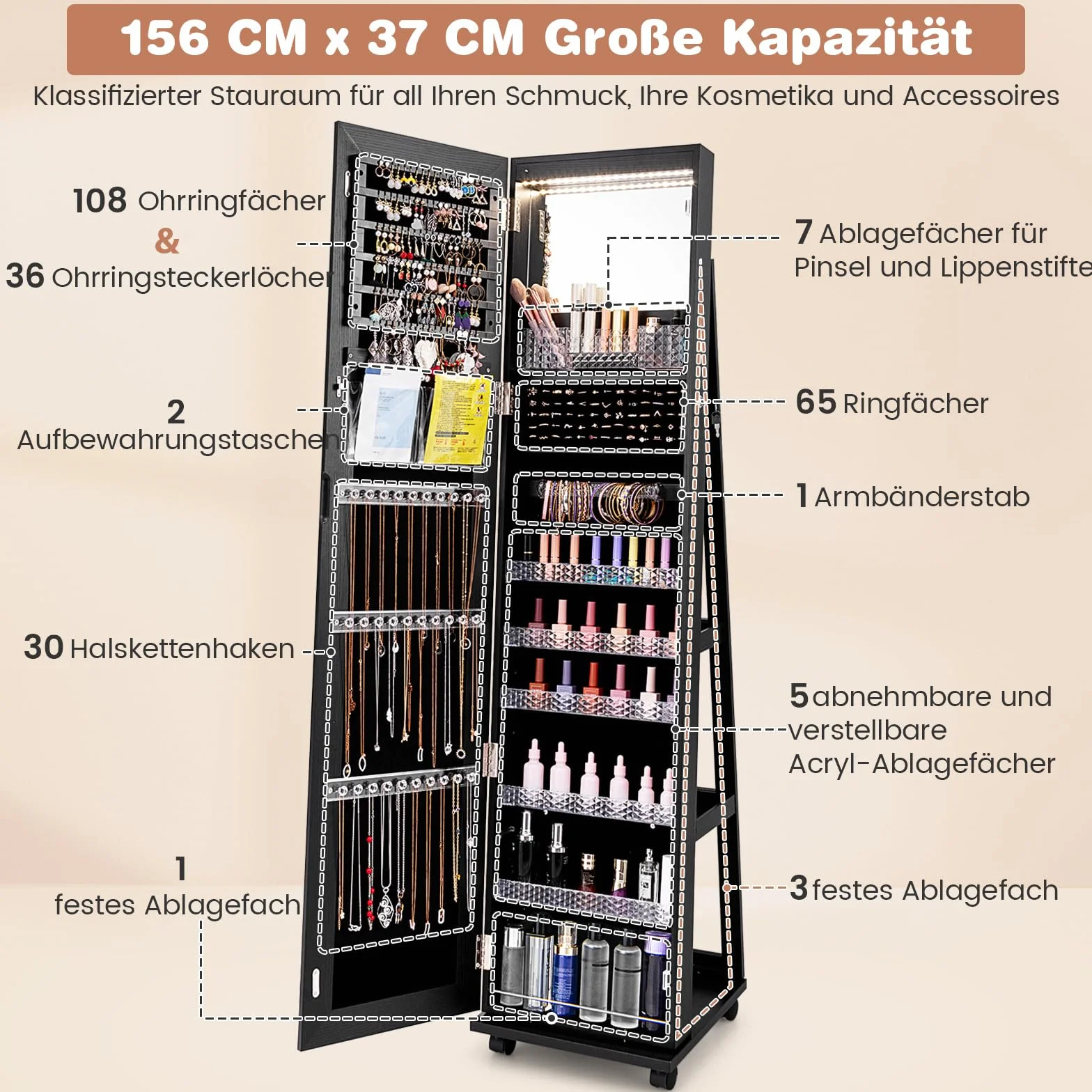 COSTWAY szafka na biżuterię na rolkach, szafka z lustrem zamykana na klucz z oświetleniem LED i regulowanymi półkami, lustro stojące, szafka na biżuterię z pełnowymiarowym lustrem do makijażu (40 x 38