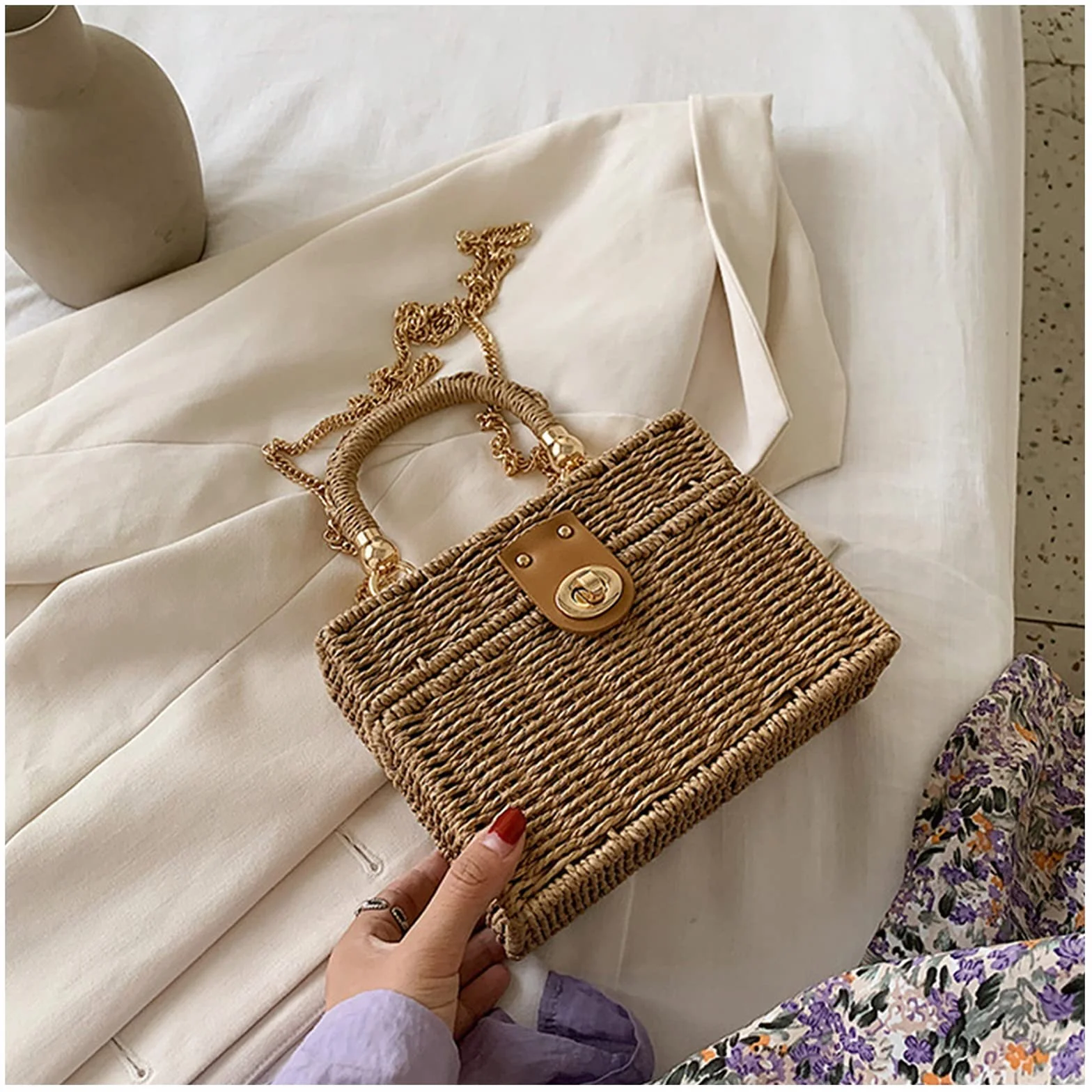 Torebka plażowa ręcznie tkana rattanowa torebka w stylu vintage torba naturalna elegancka torebka na co dzień plaża morska torba na ramię kosz słoma torba na wakacje,Brown