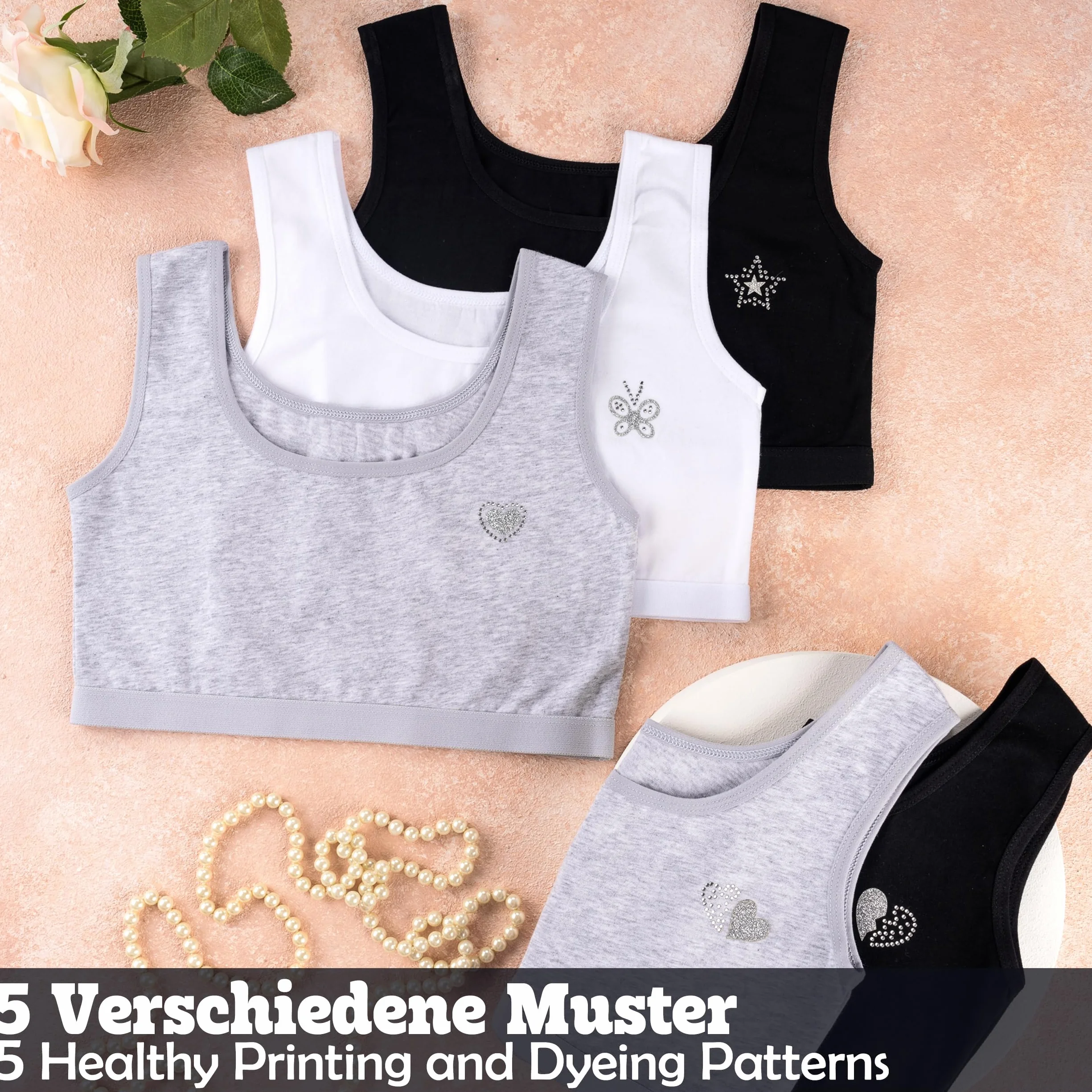 LOREZA ® 5 dziewczęcy biustonosz z bawełny ze strasem ramiączka spaghetti biustonosz sportowy rozmiar 140-170
