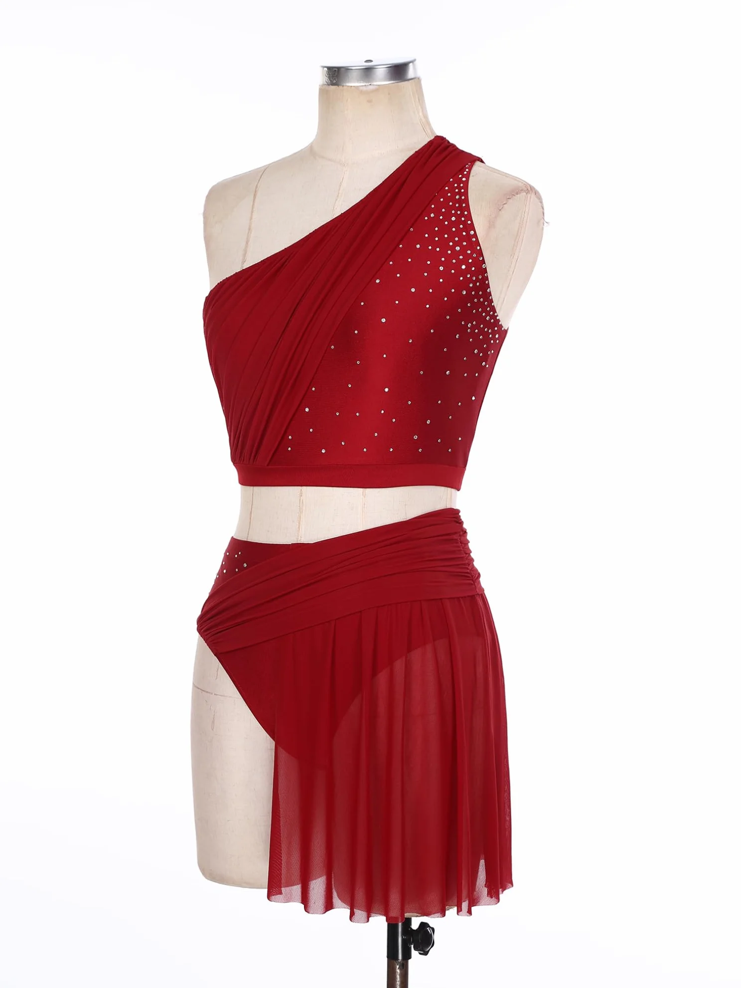 JEATHA Damski 2-częściowy kostium Lyrical Dance ze strasu Crop Top Mesh Tiul Trykot Spódnica dla dorosłych, nowoczesny strój do tańca