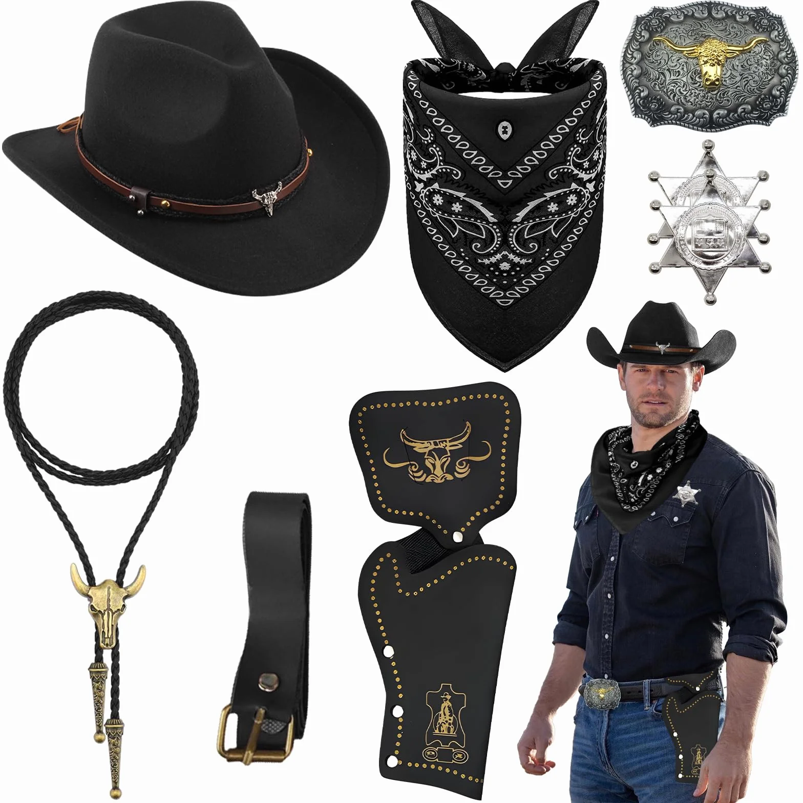Zestaw 8 akcesoriów do kostiumu kowbojskiego, Deluxe Western Cowboj, strój z brązowym kapeluszem, paisley, kabura, pasek, bolo, klamra, krawat, naszyjnik, odznaka szeryfa, dla mężczyzn, hipisowska