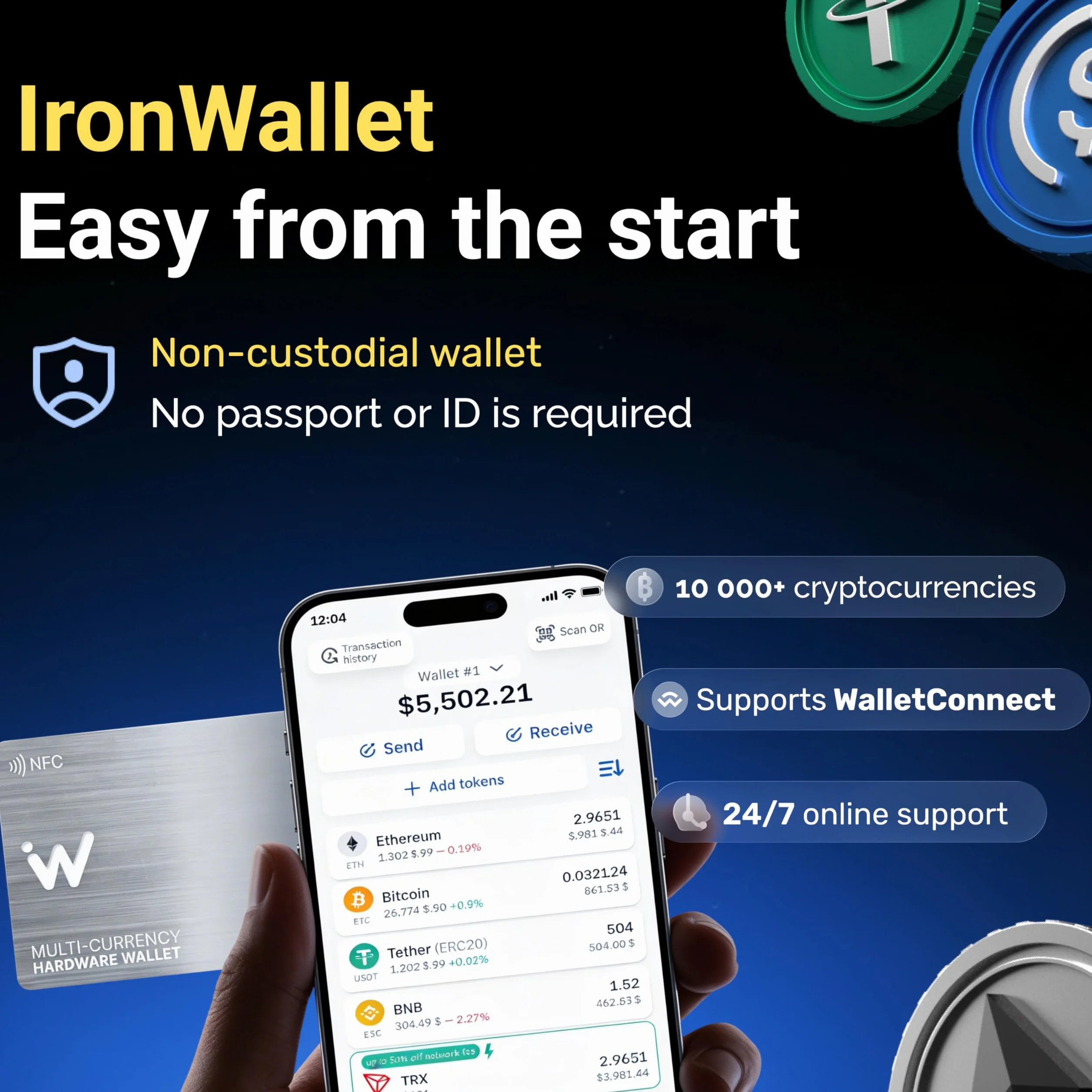 Karta IronWallet NFC - 2 karty - Konstrukcja "szczotkowanego metalu" dla zimnego portfela kryptowalutowego - Przechowywanie Bitcoinów, Ethereum i nie tylko - Bezpieczny sprzętowy portfel offline