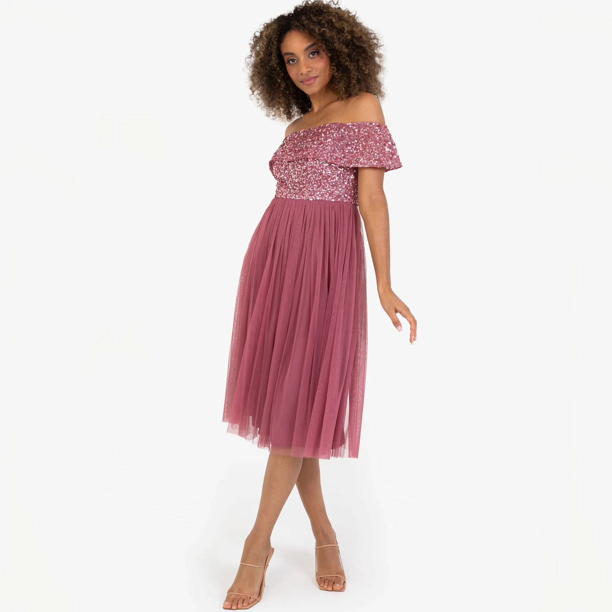 Maya Deluxe Ladies Bardot Dresses Women Midi High Empire Sequins Embellished Formalny wieczór na wesele dla gości sukienka druhny dla kobiet