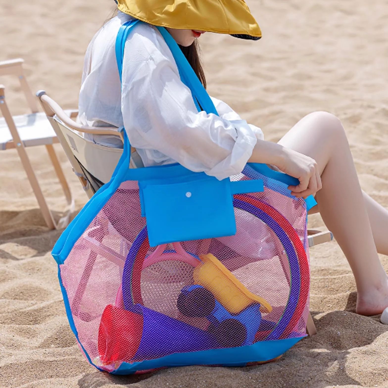 JSTHHTT 2 duże siatkowe torby plażowe, bardzo duże siatkowe torby na ramię z kieszenią, odporne na piasek, oddychające, torby plażowe dla dorosłych dla kobiet, dzieci, unisex, zielone, różowe