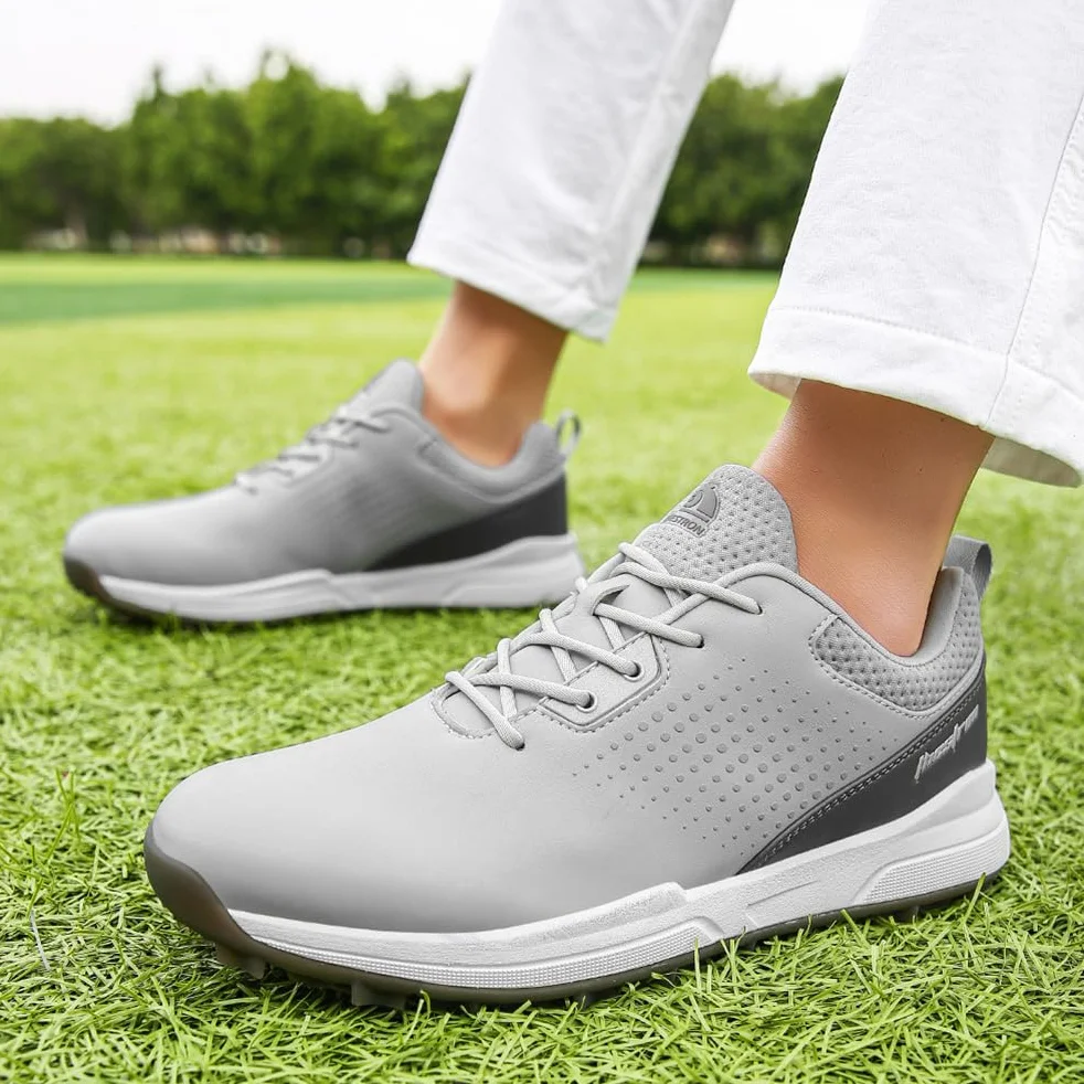 Męskie buty do golfa Spikless Leather Wide Fitting Golf Sneakers Outdoor Large Size Wodoodporne obuwie do chodzenia,Grey,43 EU