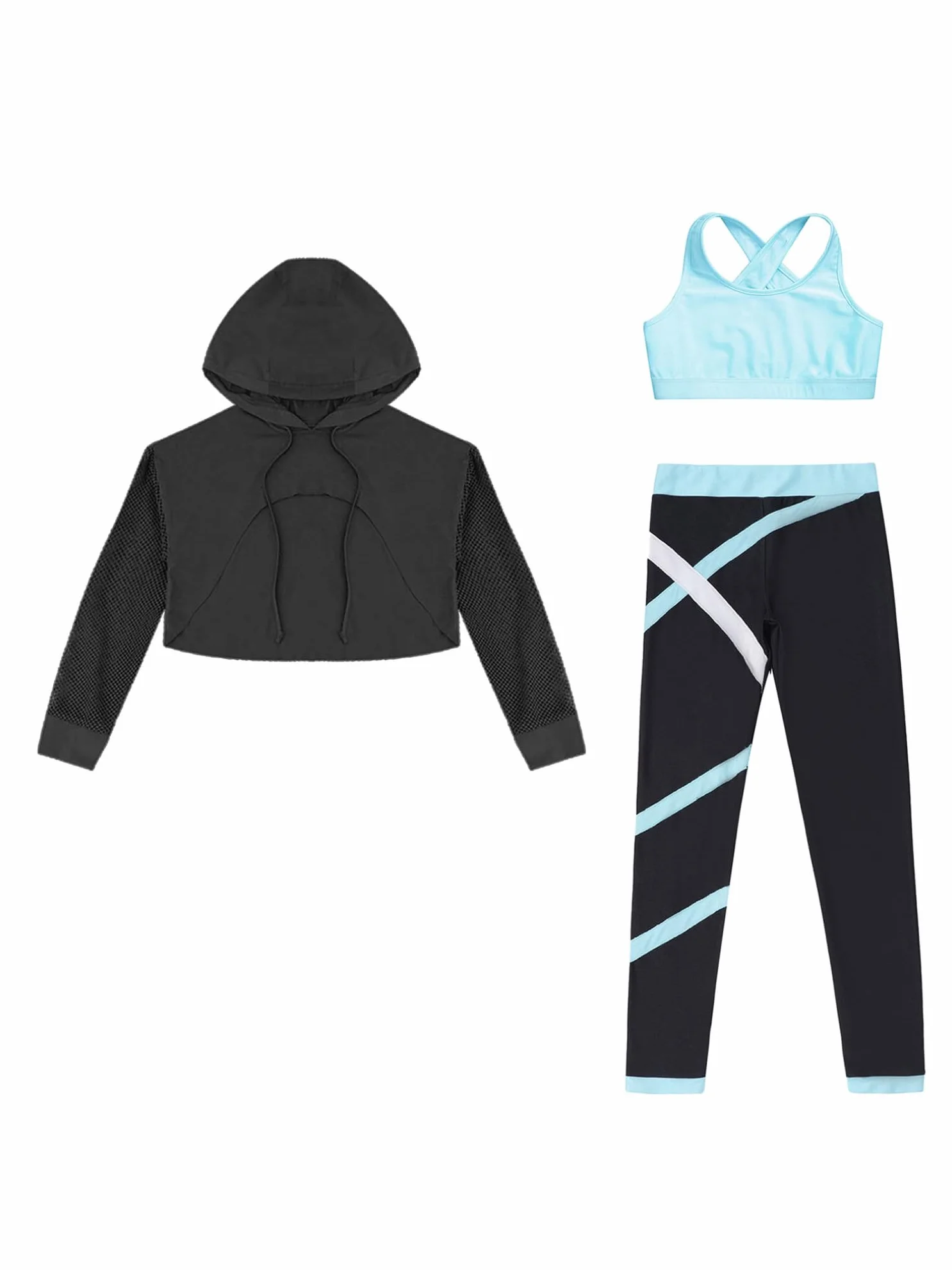FEESHOW Dziecięcy dres treningowy dla dziewcząt, sportowy biustonosz i legginsy, zestaw z kapturem dla dzieci, do treningu, sportu, jazzu, tańca, hip-hopu, ubrania