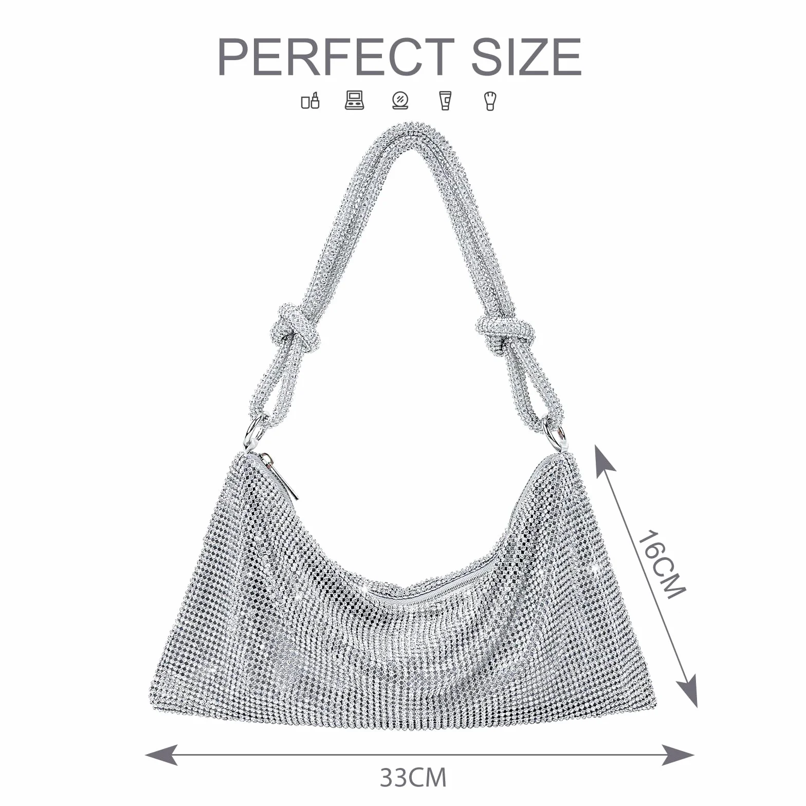 TOPALL Clutch błyszcząca damska srebrna torebka wieczorowa, torebka z diamentami na ramię, srebrna, elegancka z zamkiem błyskawicznym, kamienie strasu, kopertówka, torebka na ramię na imprezę, czas