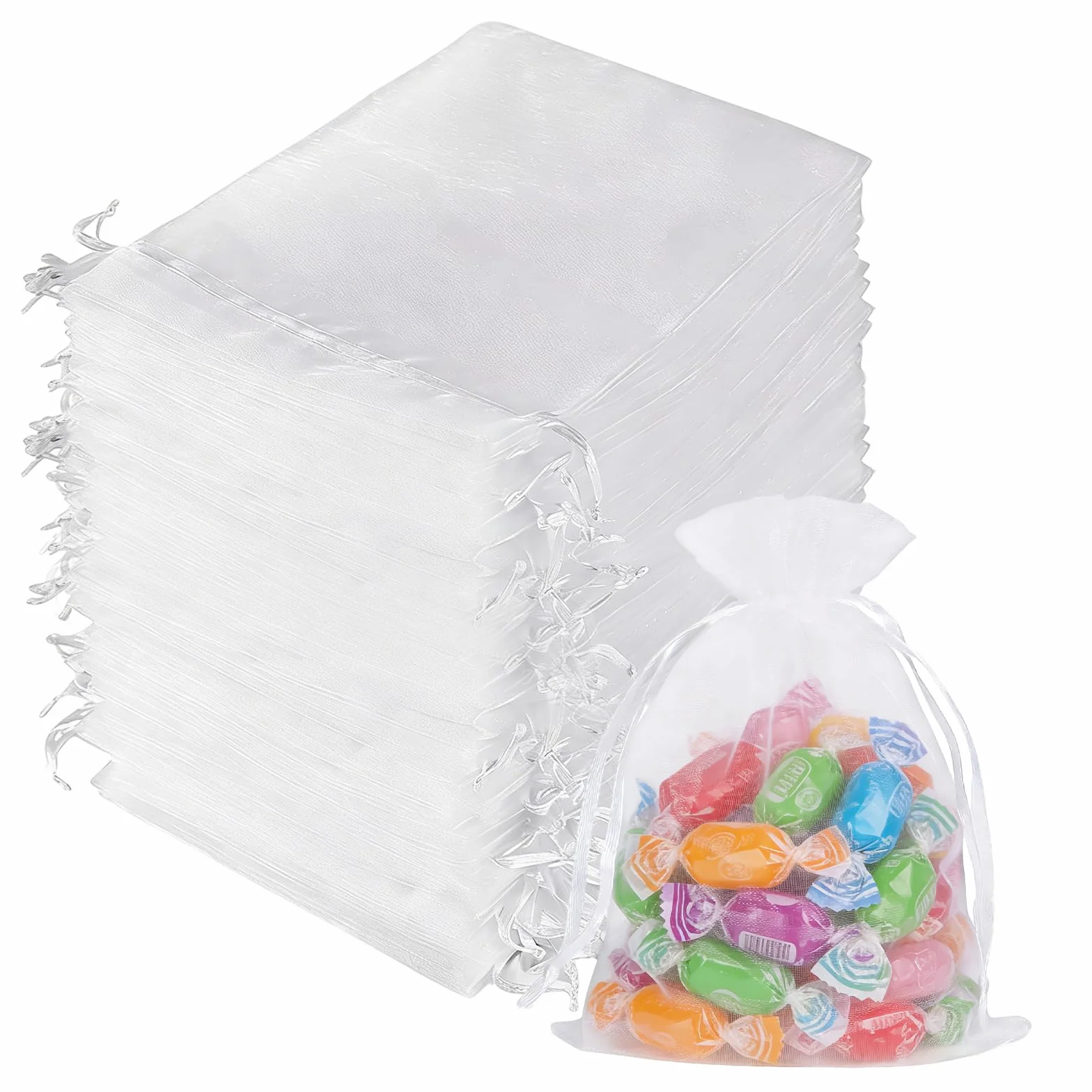 YDAKGUEY 100 sztuk woreczków z organzy, małe torebki na prezenty 7 x 9 cm, woreczki z organzy ze ściągaczem, jako ślubne torebki na cukierki, woreczek na biżuterię, woreczek na prezent (białe, 7 x 9