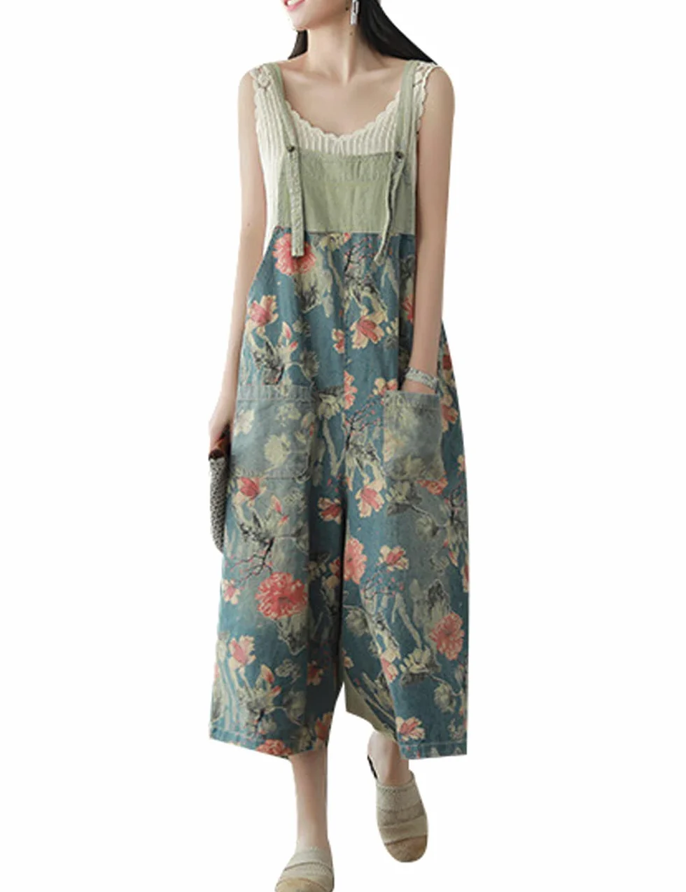 Youlee Damskie letnie wiosenne kombinezony vintage bawełniane ogrodniczki z kieszeniami, styl 7, rozmiar uniwersalny