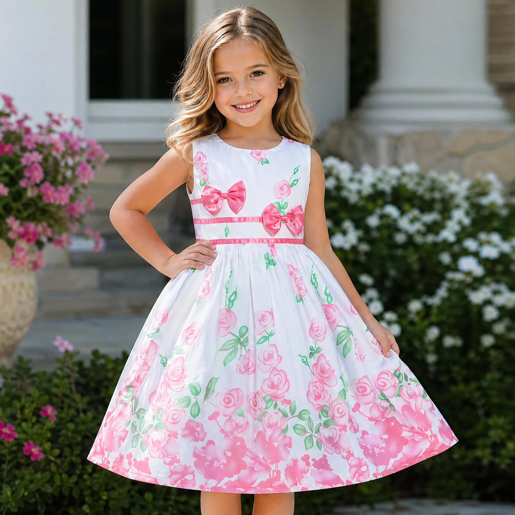 Sunny Fashion Dziewczęca sukienka liliowa róża podwójne kliknięcie krawat impreza dzieci sukienka na ramiączkach rozm. 98-146