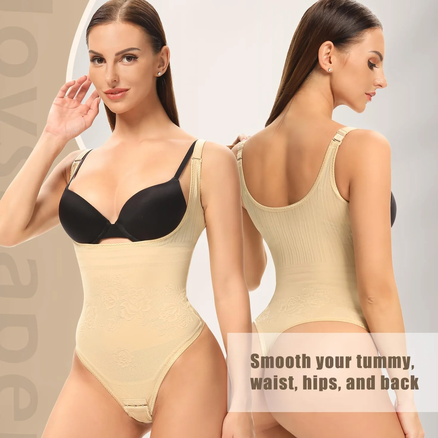 Joyshaper Figurformujący Body Damski Tanga Mocno Wyciągające Talię Formujące Body Bielizna z Haftkami Modelujący Bodysuit, Be?owy-1, XL