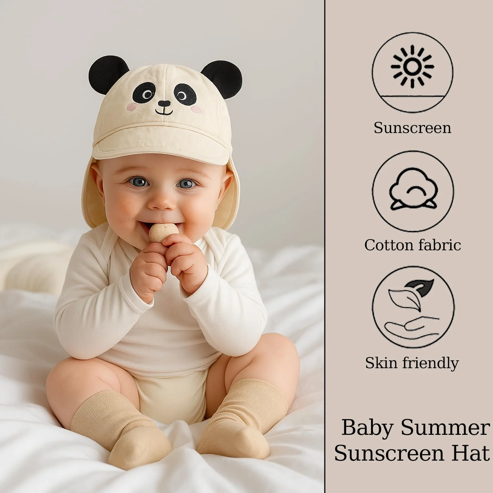 AYNKH Bebe Muslin Peaked Cap, kapelusz przeciwsłoneczny z ochroną szyi i uszu, ochrona UV (UPF 50+) Czapka unisex dla niemowląt i niemowląt, obwód głowy 38-46 cm (Panda)