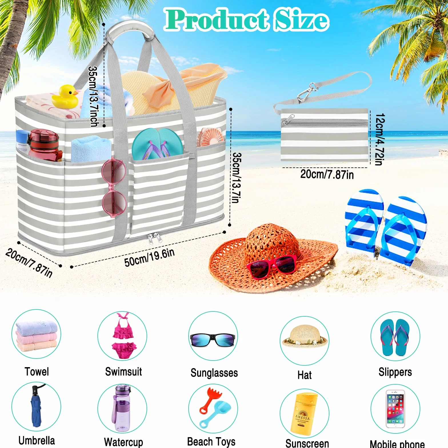 Duża torba plażowa z zamkiem błyskawicznym, wodoszczelna torba plażowa, XXL, rodzinna torba plażowa damska, duża torba podróżna na plażę, basen, do studia fitness, w podróży, 45 l