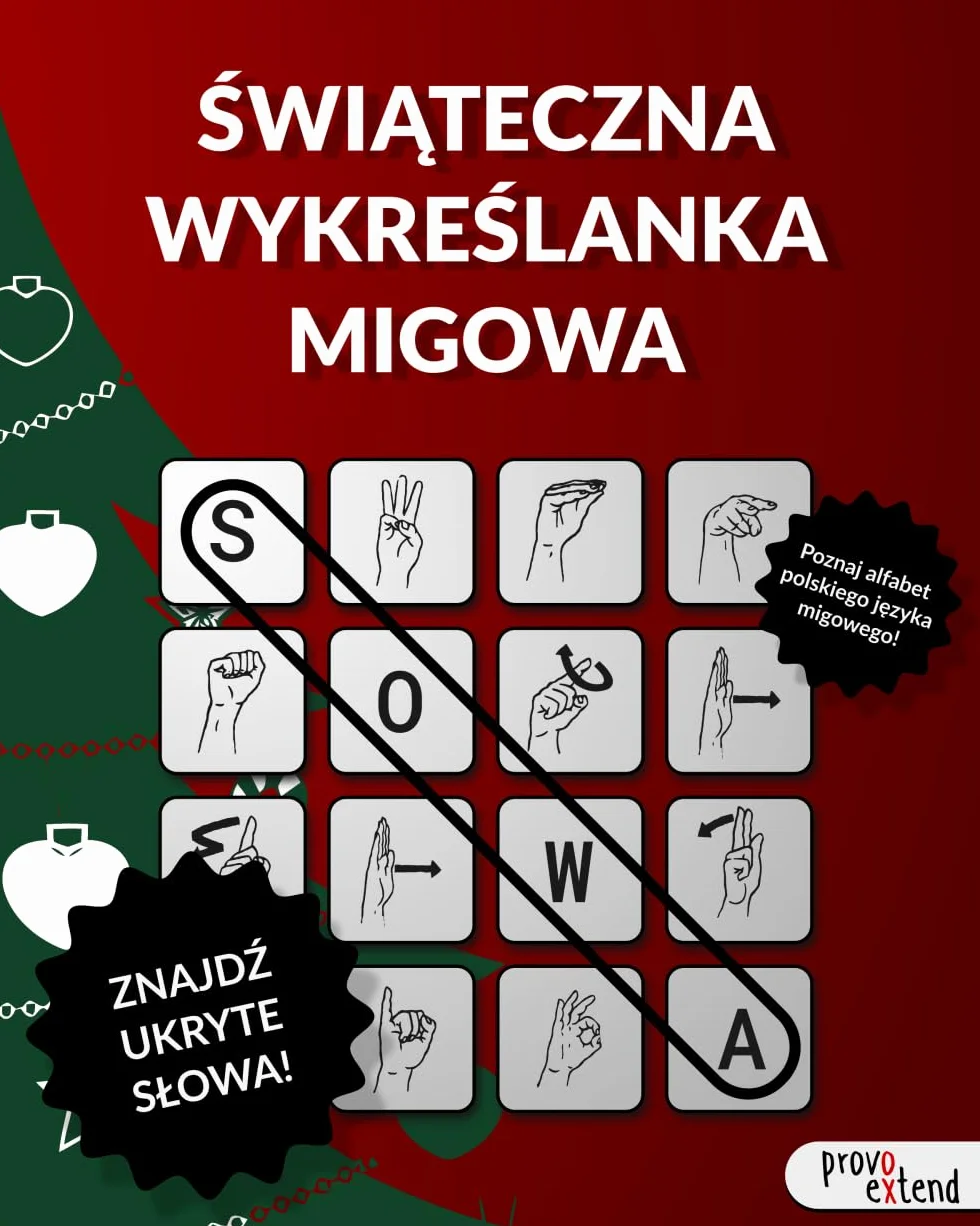 Świąteczna Wykreślanka Migowa: poznaj alfabet polskiego języka migowego PJM, 50 zagadek PJM, ćwicz mózg, rozwijaj pamięć i kreatywność, ucz się daktylografii