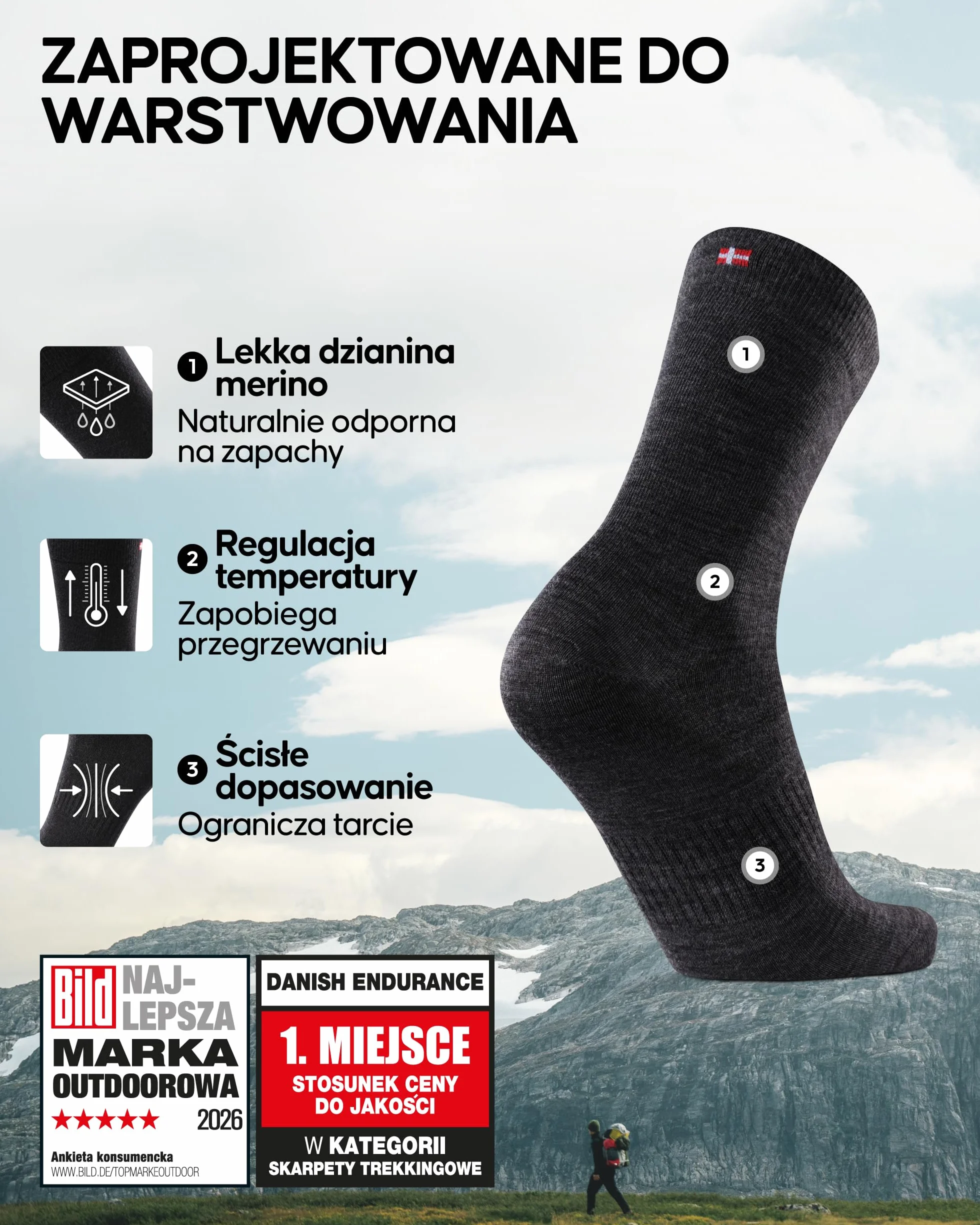 DANISH ENDURANCE Skarpety Liner Merino, Cienkie Skarpety Trekkingowe Zapobiegające Pęcherzom, Oddychające, dla Mężczyzn i Kobiet, Unisex, 2 lub 4-Pak