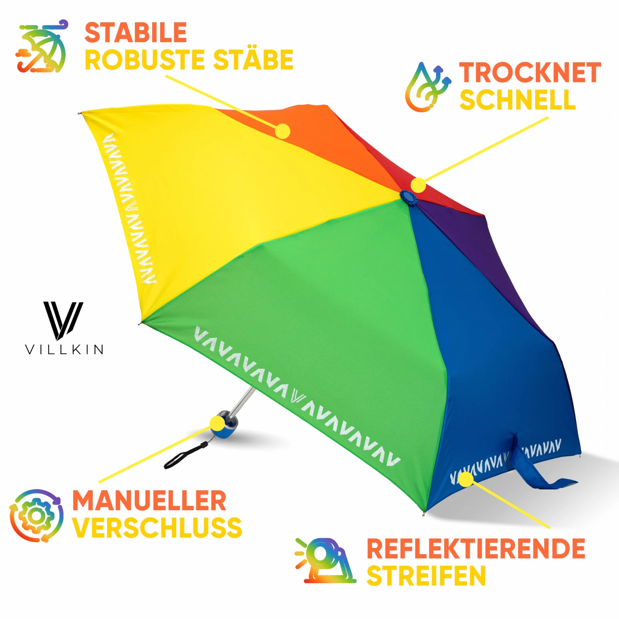 Villkin Parasol dla dzieci z paskami odblaskowymi – kolorowy i lekki parasol kieszonkowy dla dzieci o rozpiętości 97 cm – odporny na burzę parasol dla chłopców i dziewczynek