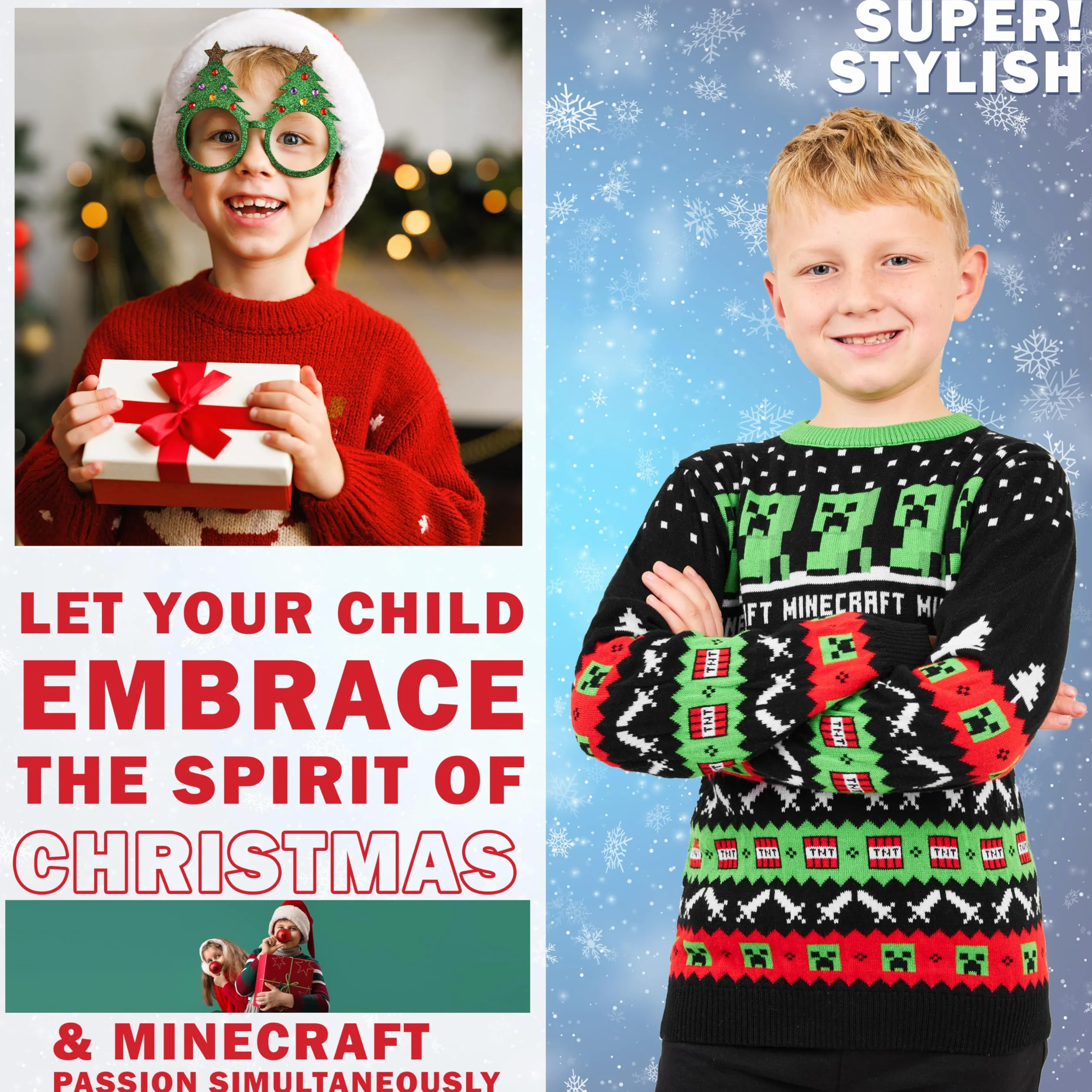 Minecraft Chłopięcy świąteczny sweter, okrągły dekolt, długie rękawy, sweter dla chłopców i nastolatków
