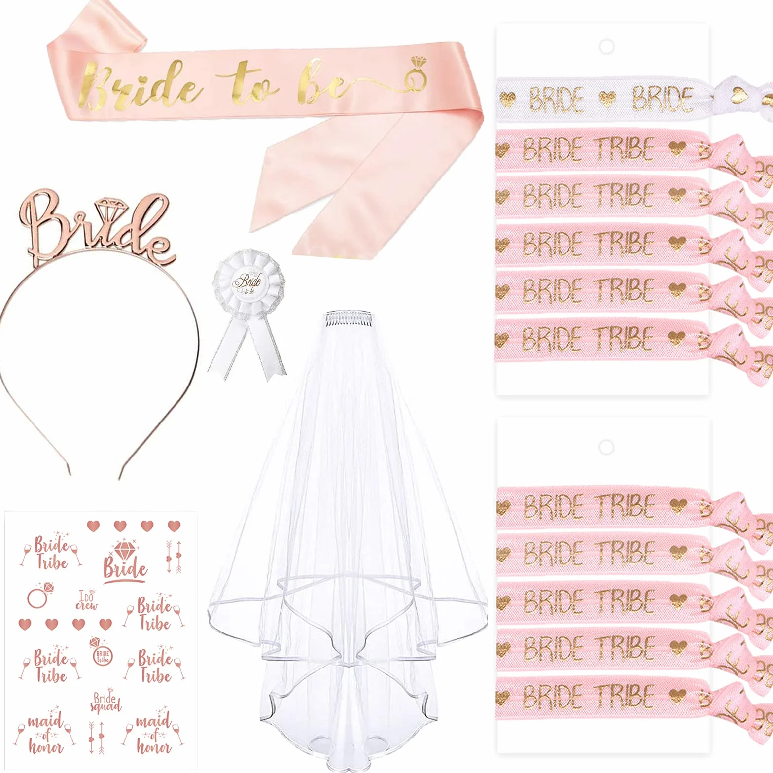 Despedida de Soltera Accesorios, 15PCS Novia to Be y Team Bride Pulsera Set, Complementos Despedida de Soltera Set con 10 Team Bride Pulsera, 1 Novia Pulsera, Velo, Diadema Tiara, Tatuajes,Insignia