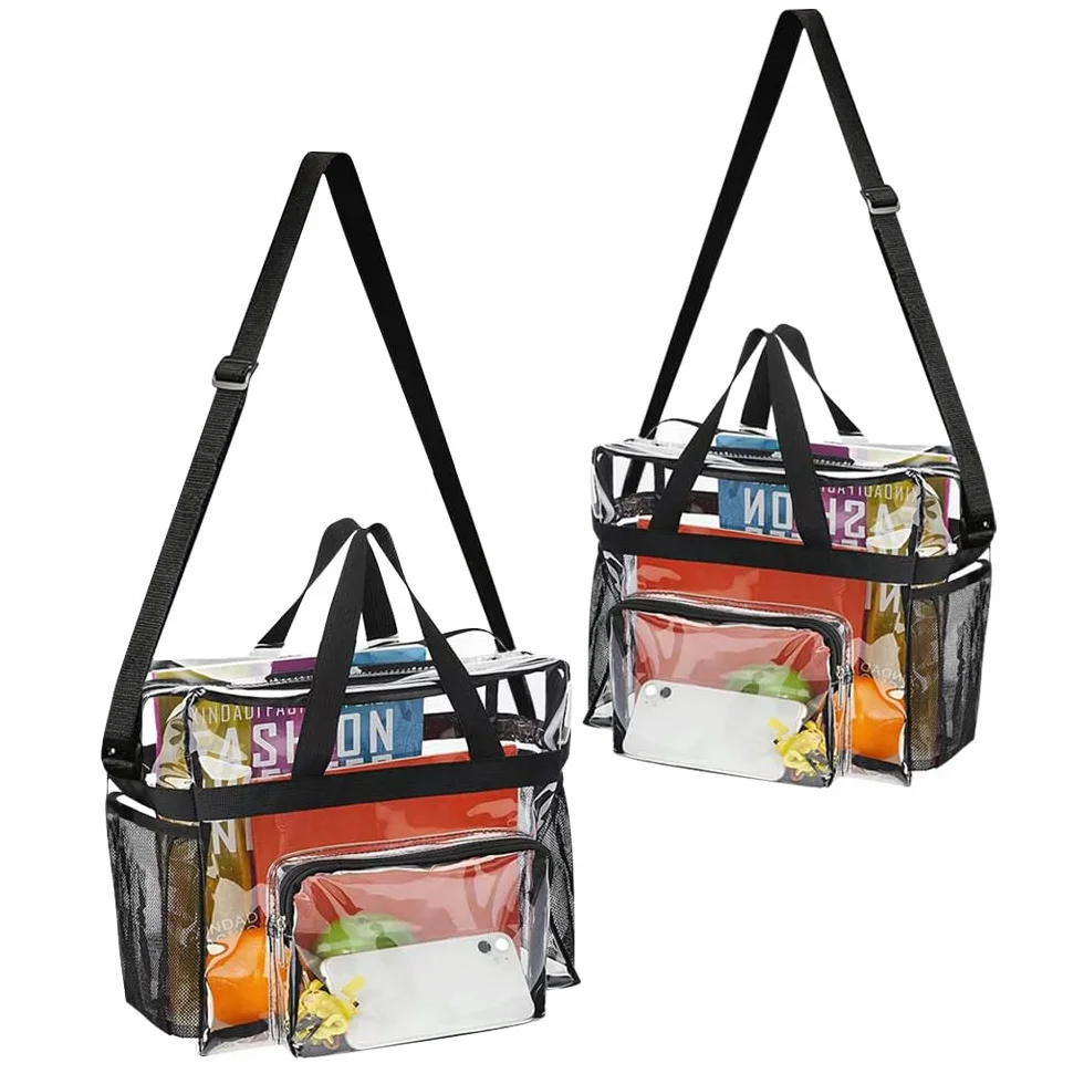 Przezroczysta torba tote bag, 2 szt., duża torba toaletowa, z regulowanym paskiem na ramię i zamkiem błyskawicznym, wodoszczelna przezroczysta torba na przybory toaletowe, na stadion, do pracy, sportu