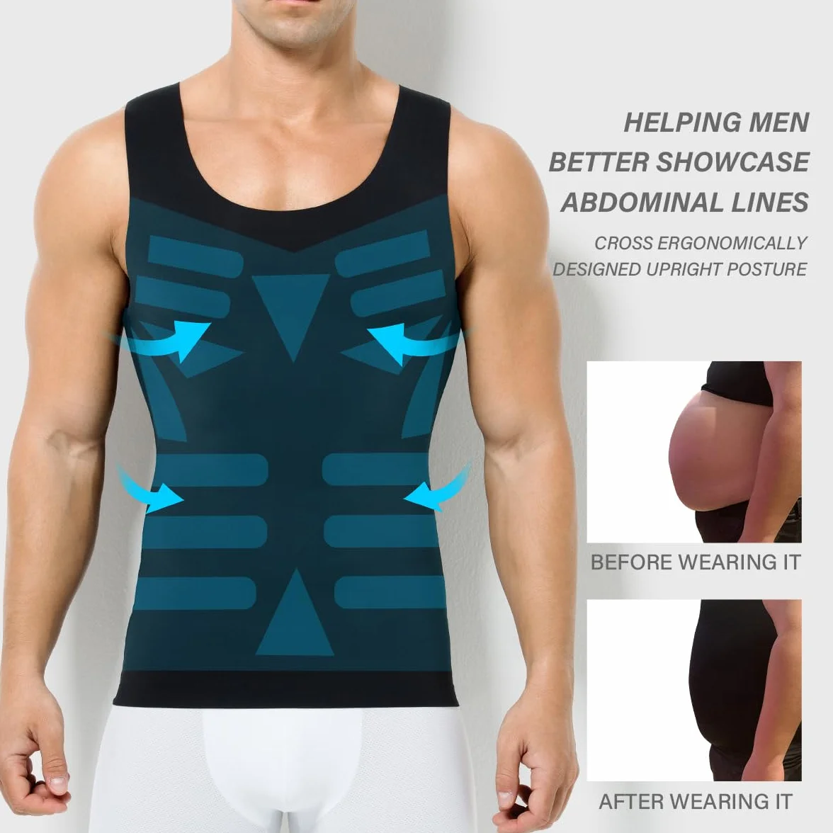 Casey Kevin Shapewear męska koszulka kompresyjna, tank top, wyszczuplający brzuch, bielizna kompresyjna, wyszczuplający brzuch, bez rękawów, koszulka kompresyjna, podkoszulek dla mężczyzn