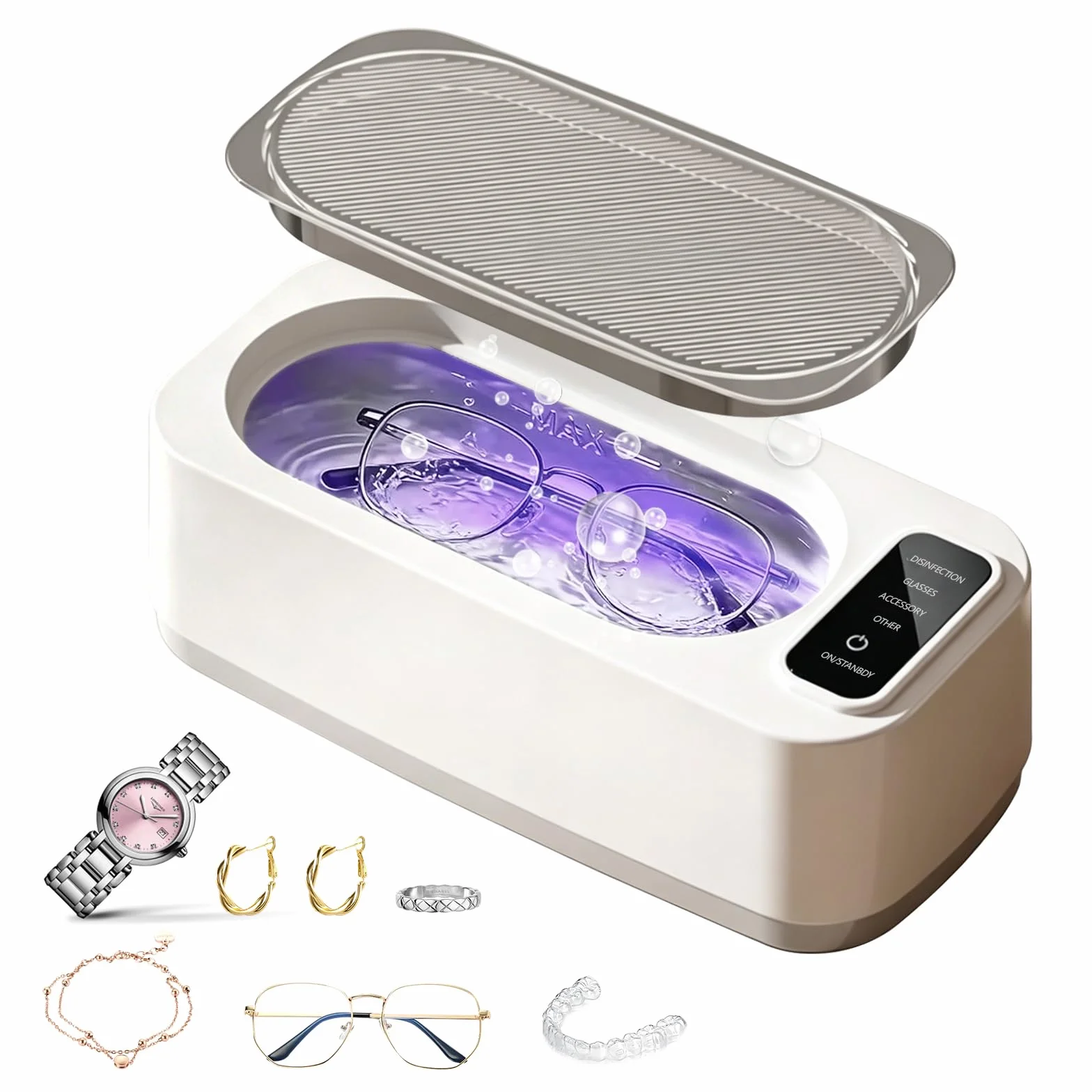 Ultrasoniczne urządzenie do czyszczenia okularów 55000 Hz, z wyświetlaczem LED, 350 ml, 4 tryby czyszczenia biżuterii, okularów, pierścionków, aparatów ortodontycznych, zegarków i głowic do golenia