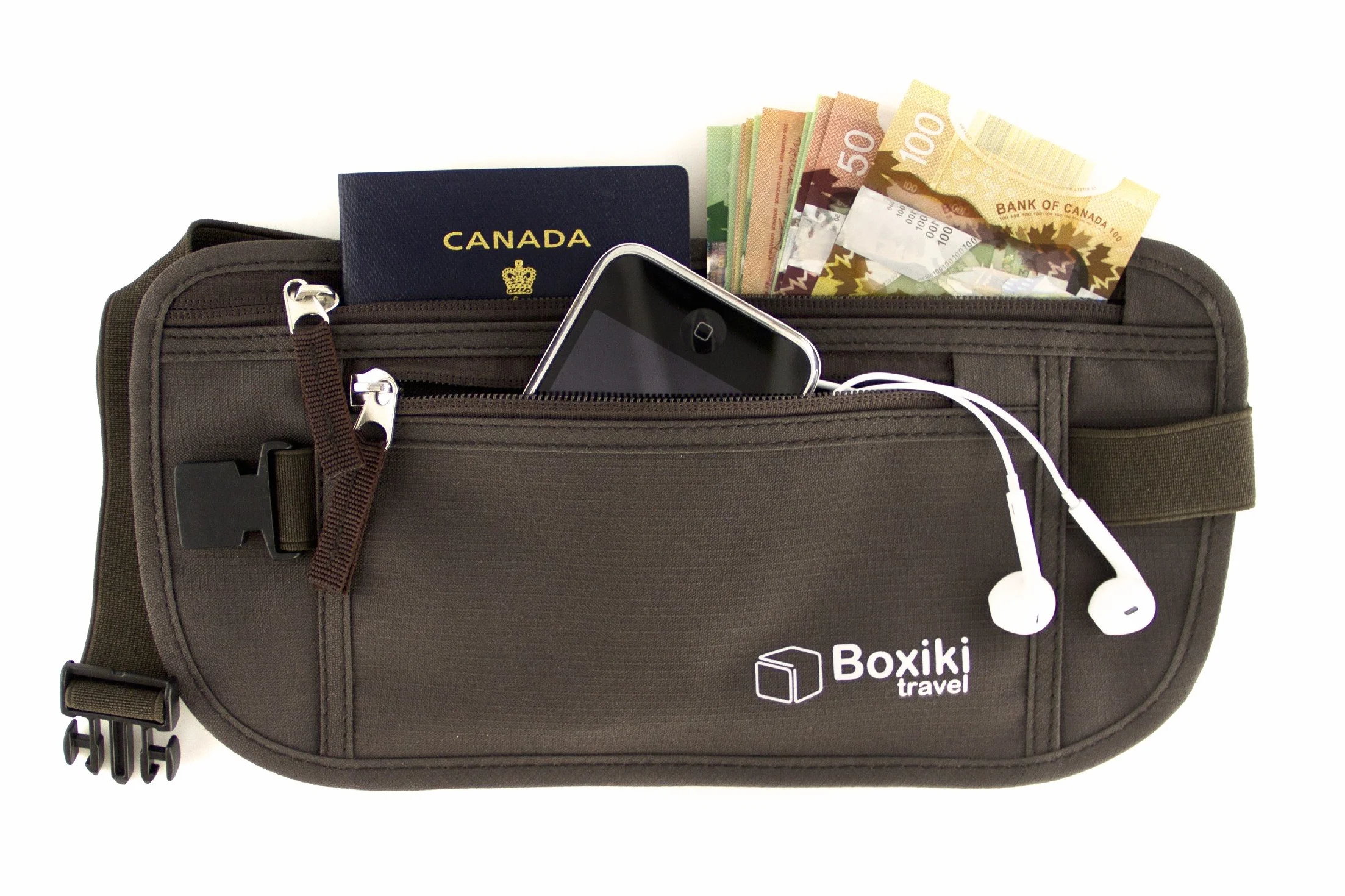 Boxiki Travel Ukryty pasek na pieniądze dla mężczyzn i kobiet – blokujący RFID saszetka w talii na paszport, portfel i telefon – bezpieczna i zabezpieczona podczas podróży, brązowy, Einheitsgröße