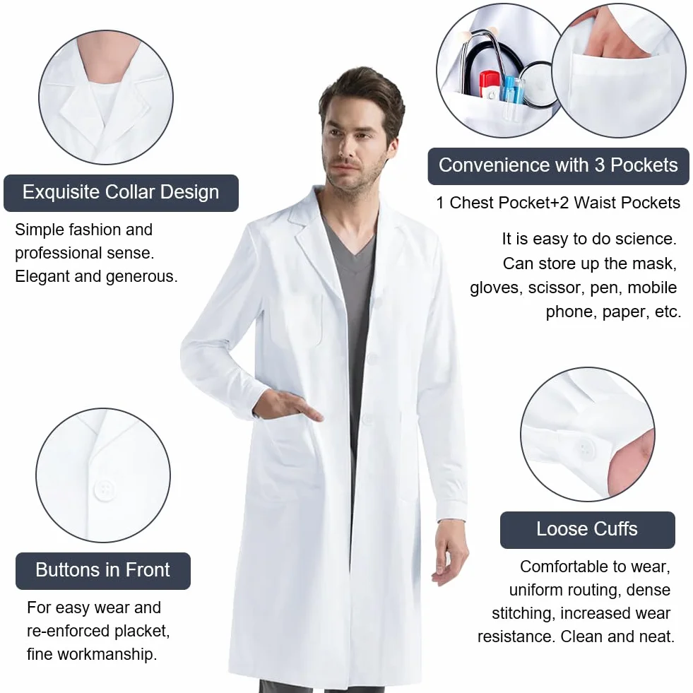 AUYAO Płaszcz Laboratoryjny, Damski i Męski, Biały, Bawełniany i Poliestrowy, Płaszcz Medyczny i Naukowy, Unisex i Dorosły, Labcoat Chemiczny i Laboratorium, Jedzenie i Odzież Robocza