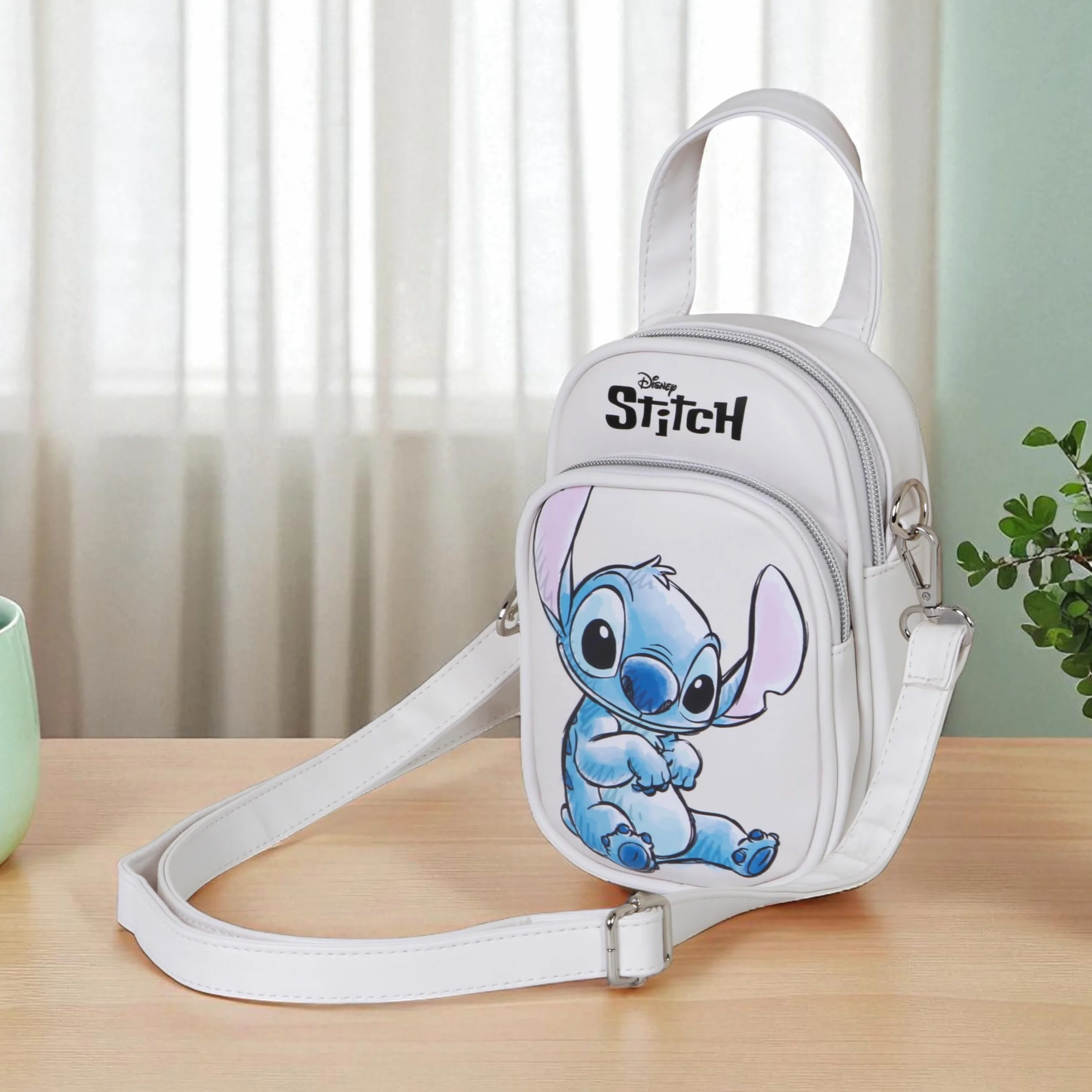 Disney Stitch mini torba na ramię z podwójną kieszenią - mała torebka damska 20 x 15 x 7 cm - kompaktowa beżowa konstrukcja z regulowanym paskiem i zamkami błyskawicznymi