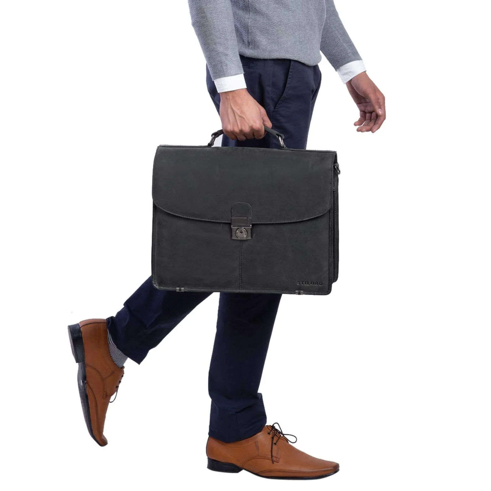 STILORD "Miguel" Classic Leather Briefcase Black Gents duża torba biznesowa torba biurowa z zamkiem do powieszenia 15,6 calowej torby na laptopa Kolor:czarny