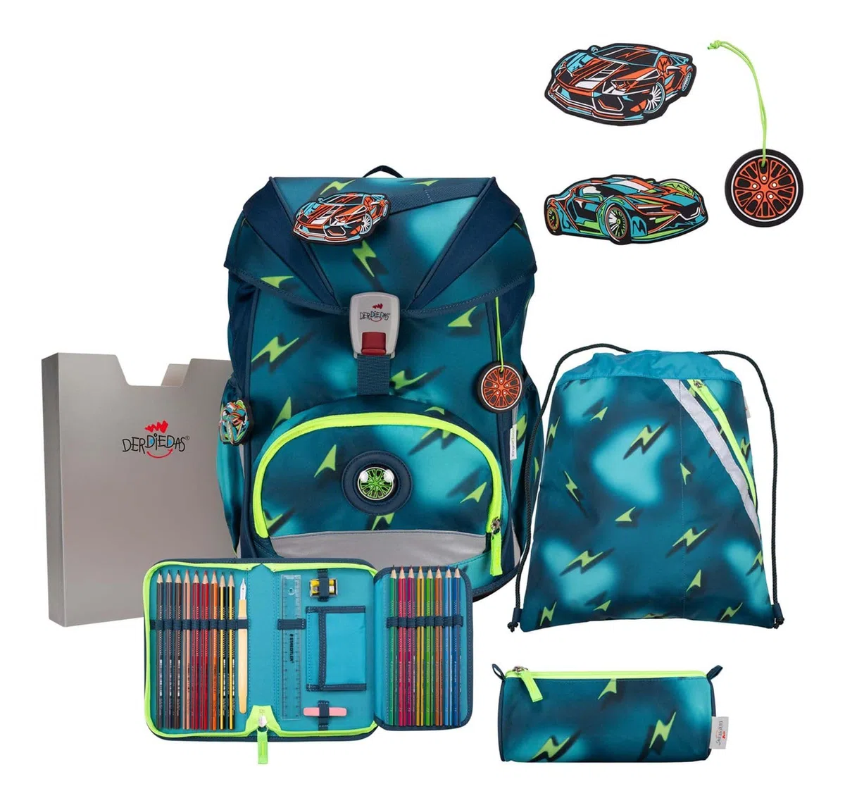 DerDieDas Tornister szkolny zestaw 5-częściowy ErgoFlex Superlight Magic Light, niebieski, ErgoFlex Superlight Set