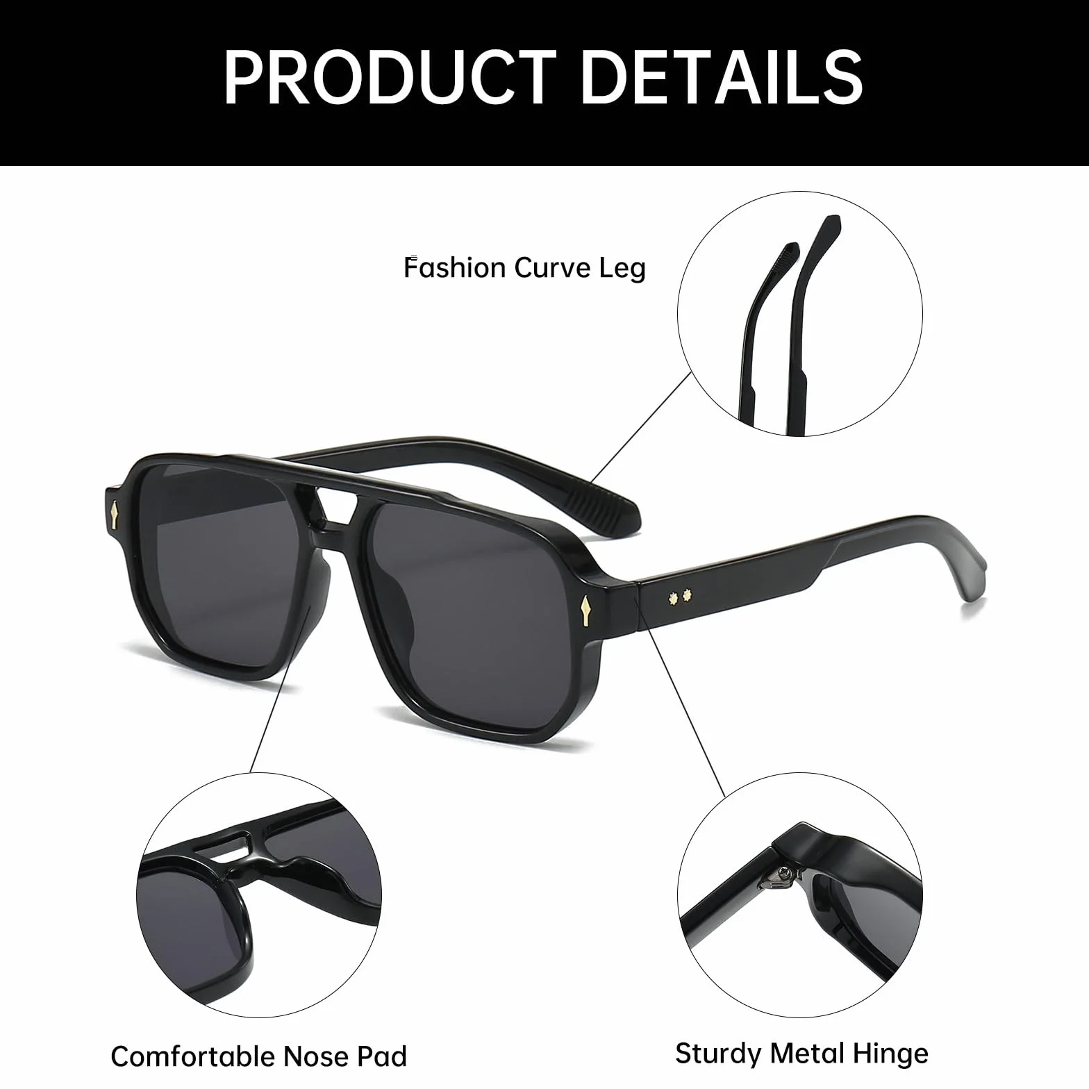 YAMEIZE Okulary przeciwsłoneczne Pilot Retro Double Bridge Prostokąt - Dla Kobiet Mężczyzn Klasyczne Kwadratowe Okulary Vintage Ochrona UV400 Jazda Na Zewnątrz