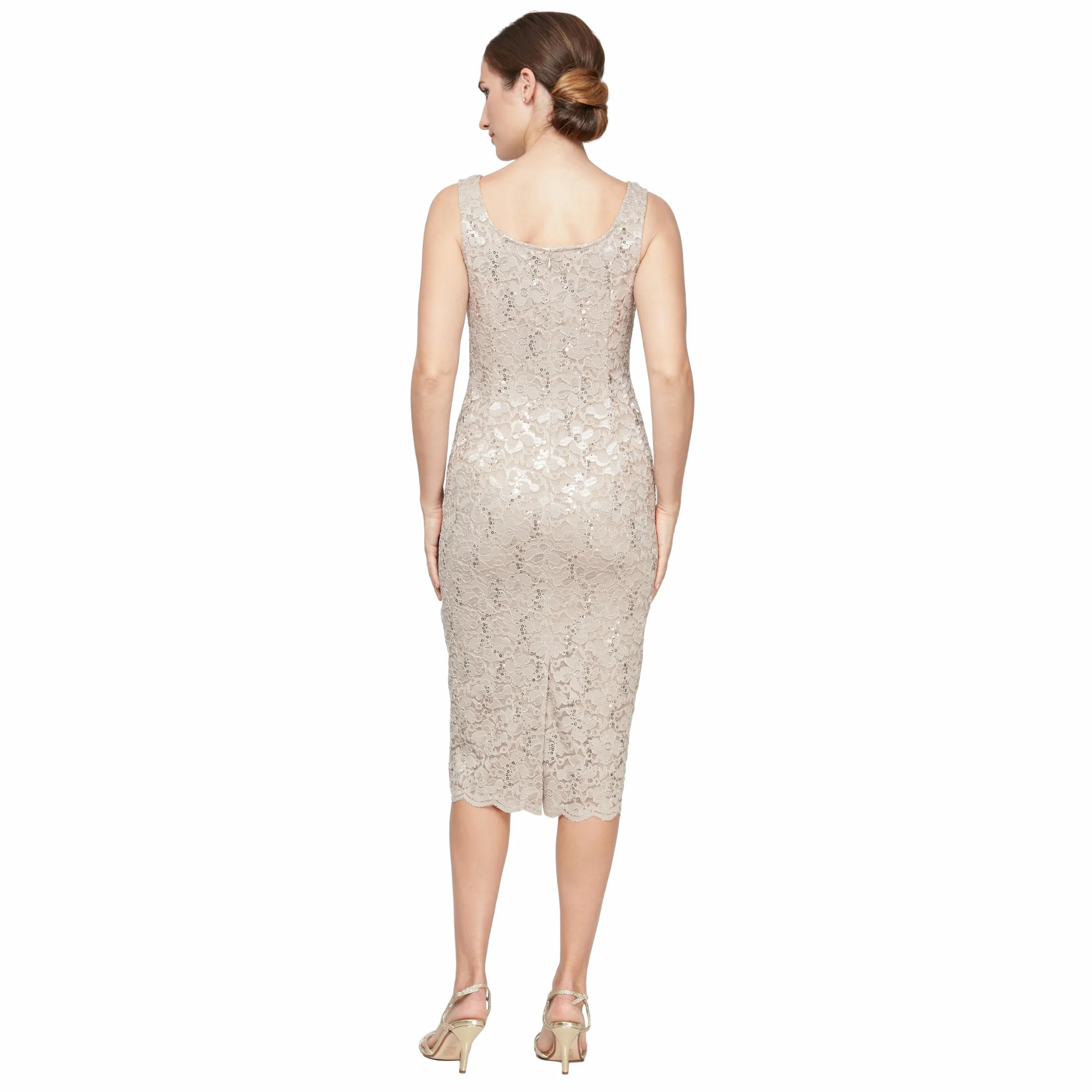 S.L. Fashions Women's Tea Length Sequin Lace Special Occasion Dress with Illusion Sleeve Jacket (Petite and Regular Sizes), Champagne, 14