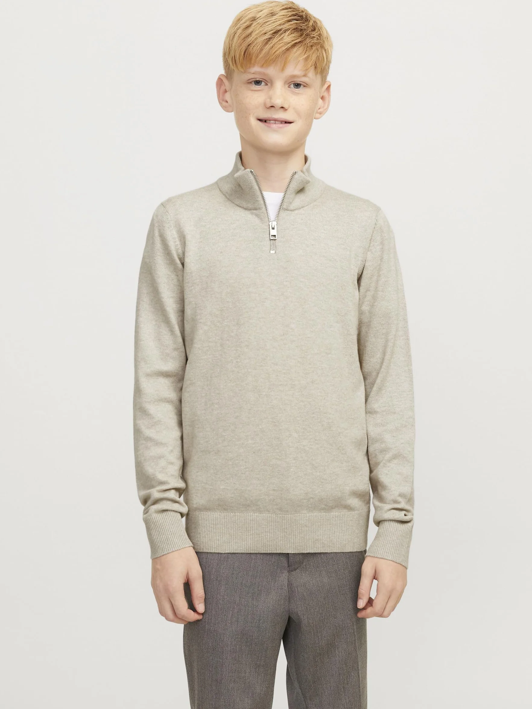 JACK&JONES JUNIOR Chłopięcy Jjeemil Knit Half Zip Noos Jnr sweter z dzianiny, Oatmeal/szczegóły: melanż, 128