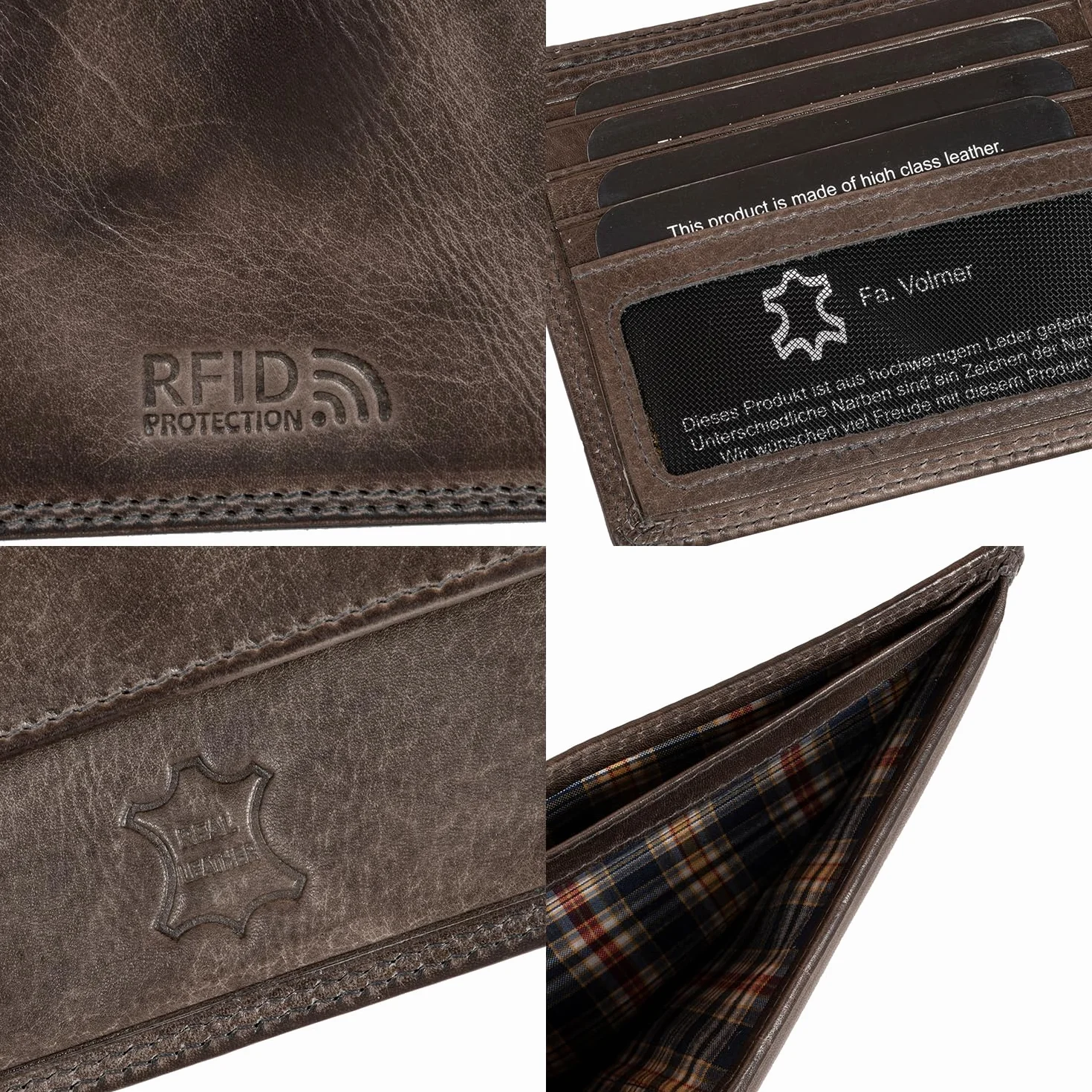 Fa.Volmer Męski skórzany portfel z ochroną RFID, podwójne szwy, ekstra stabilny, Szary, schlanke Brieftasche, Klasyczny