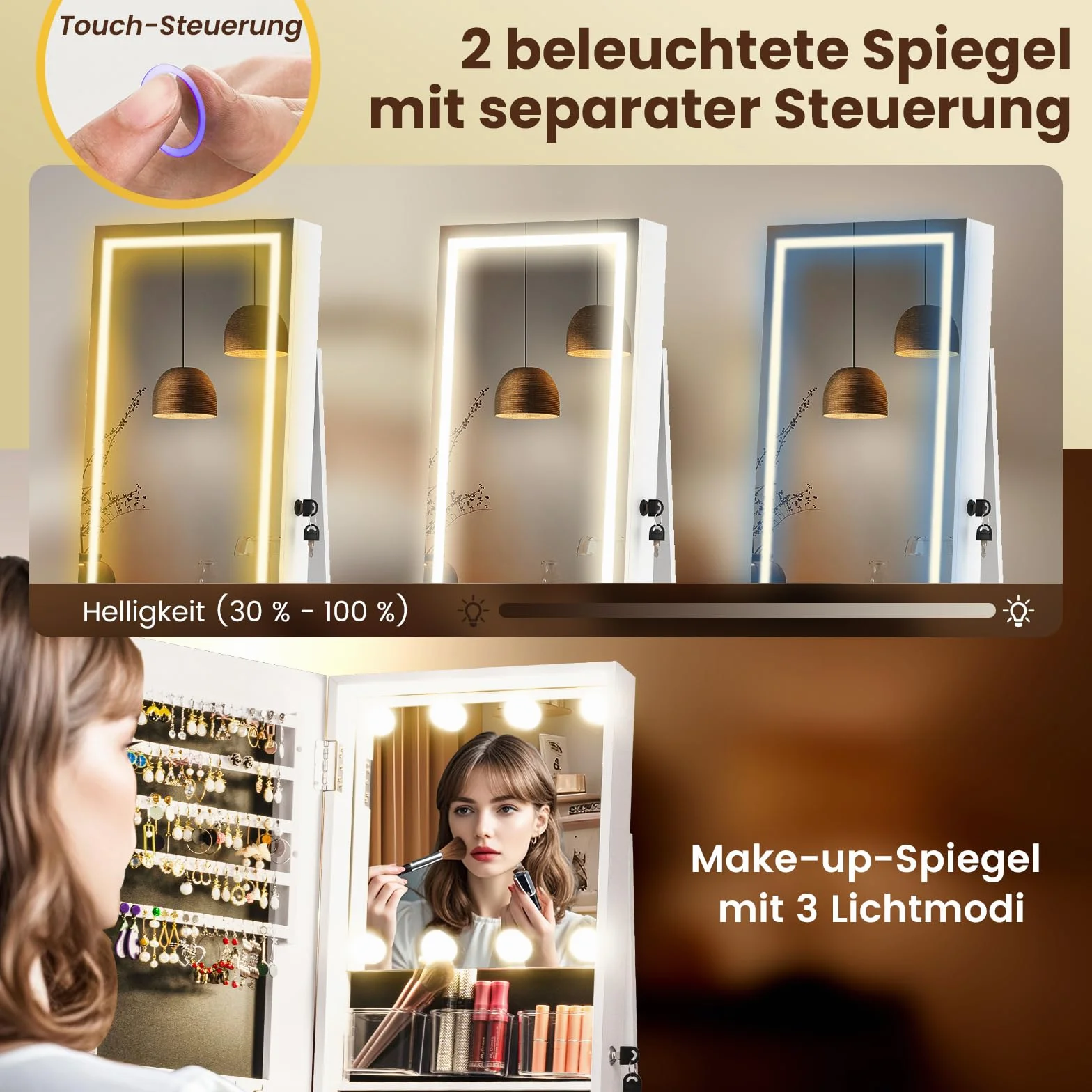 COSTWAY szafka na biżuterię obrotowa o 360° z pełnym lustrem LED, szafka z lustrem zamykana z lustrem do makijażu, stojąca organizerka na biżuterię do łańcuchów, kolczyków, kosmetyków (Biały)