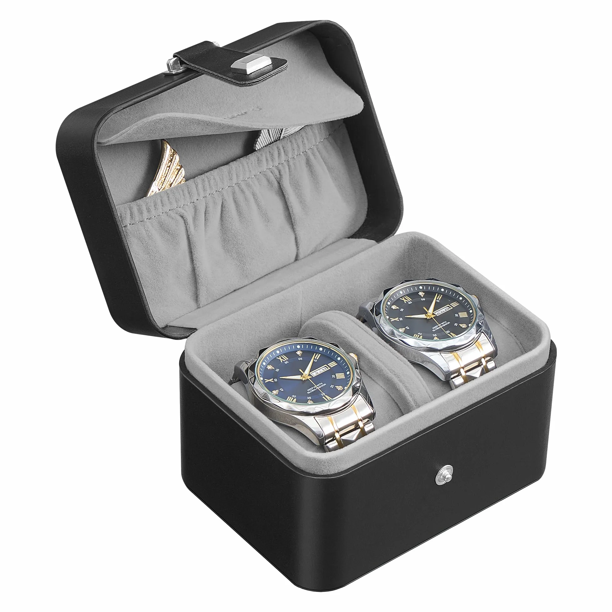 SONGMICS JWB029GD01 pudełko na zegarki do podróży z 2 przegródkami, etui na 2 zegarki, poduszka z ukrytym przechowywaniem, regulowana przegródka, kieszeń z klapką, 10,1 x 12 x 8,5 cm, pomysł na