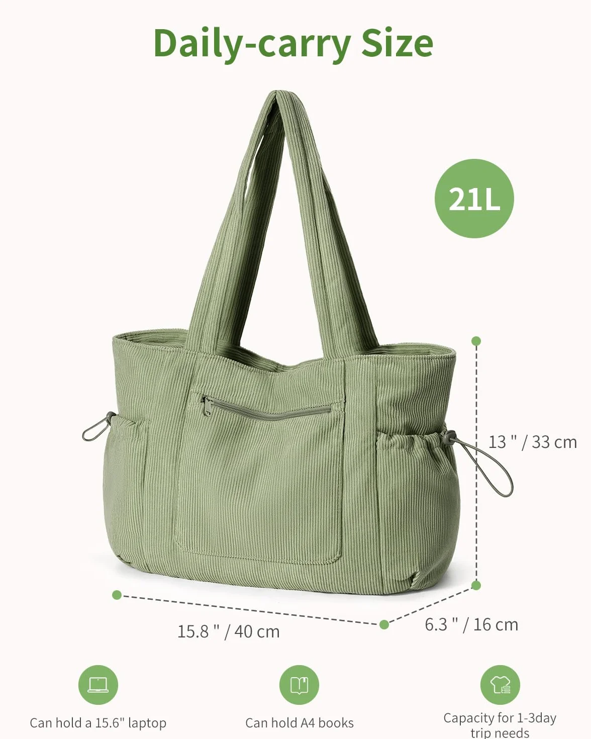 ECOHUB Cord Shopper damska duża torba z zamkiem błyskawicznym, torba robocza z kieszenią na laptopa o przekątnej ekranu 15,6", duża torebka do szkoły, na uczelnię, do biura, na co dzień, w podróż