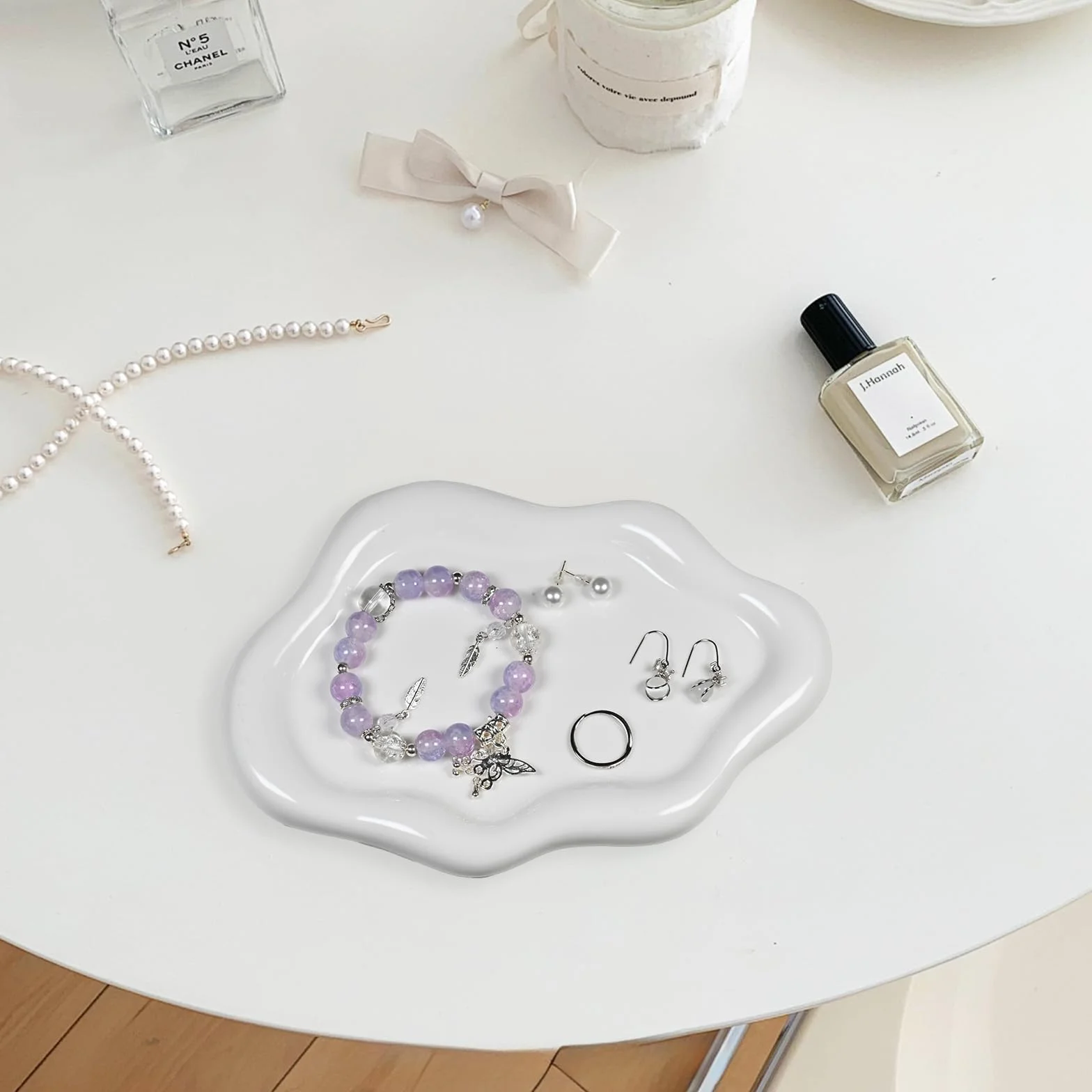 Chmurowa Taca na Biżuterię, Dekoracyjna Taca Ceramiczna na Drobiazgi, Taca na Kosmetyki, Perfumy, Drobiazgi, Taca na Pierścionki, Naszyjniki, Bransoletk (Biała)