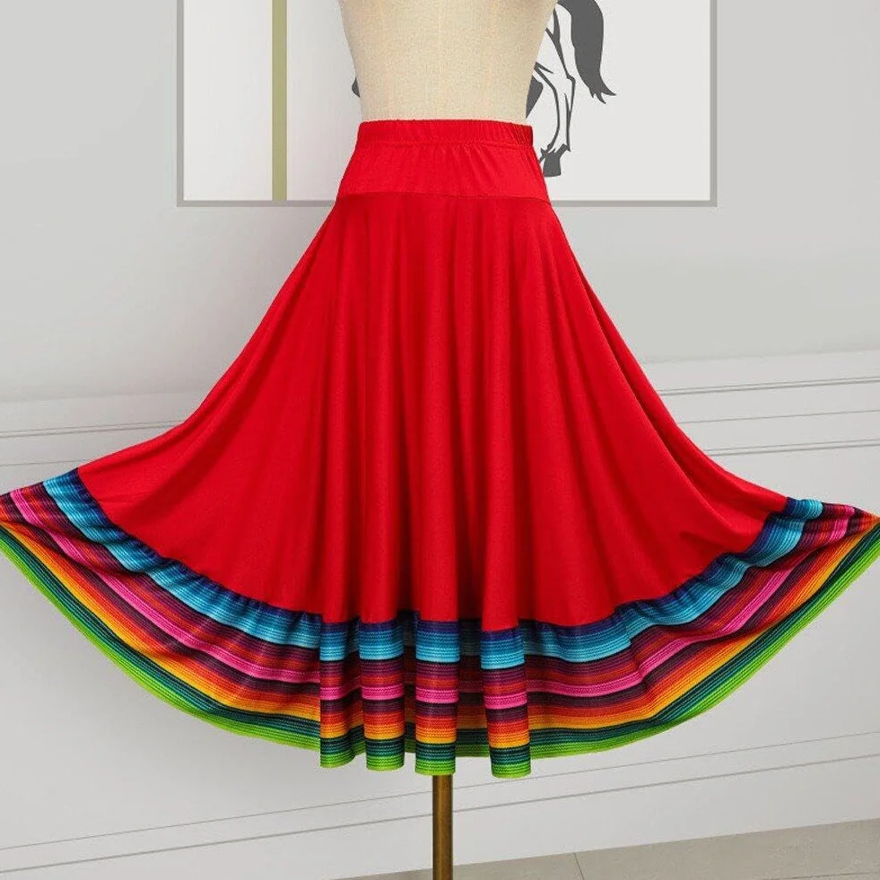 Meksykańskie spódnice ludowe dla kobiet, hiszpańska huśtawka wysoka talia spódnica, meksykańska spódnica, Flamenco ludowe stroje do tańca, elegancka spódnica treningowa