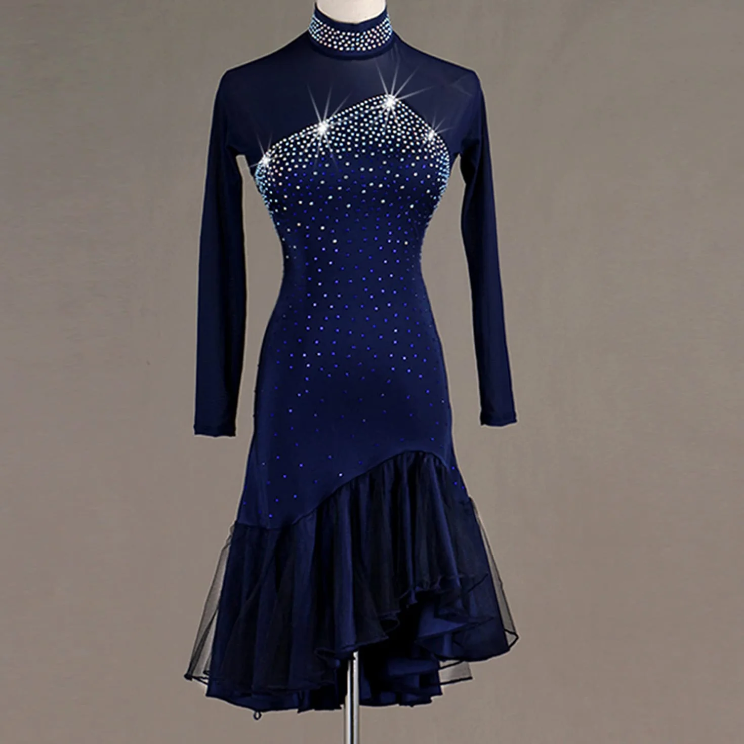 Wysoka Neck Latin Dance Dress dla kobiet Hollow Backless Cha Cha kostiumy z długim rękawem sala balowa wydajność sukienki do tańca Flamenco Waltz Dance Practice spódnice
