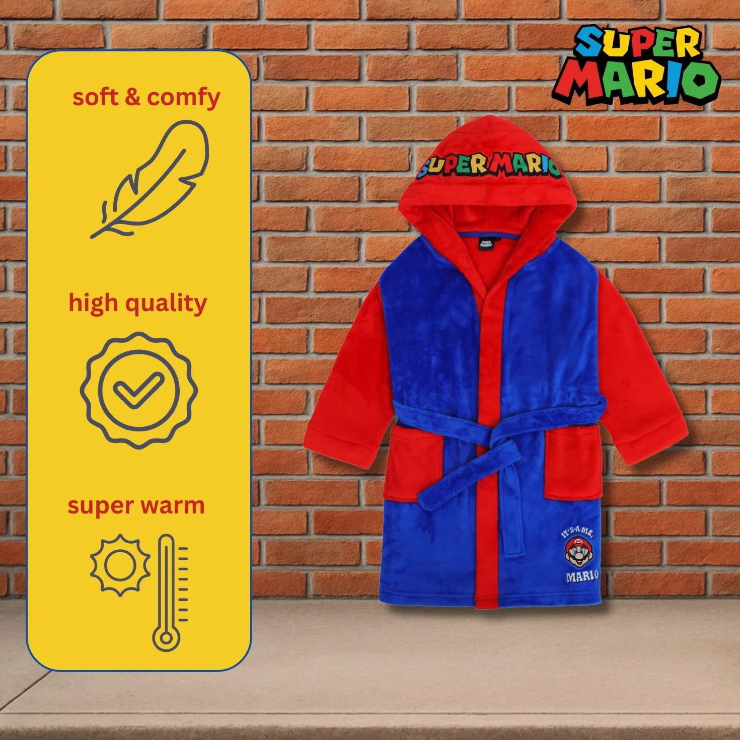 Super Mario Dziecięcy szlafrok kąpielowy, puszysty, polar koralowy z kapturem, logo, dla chłopców i dziewczynek