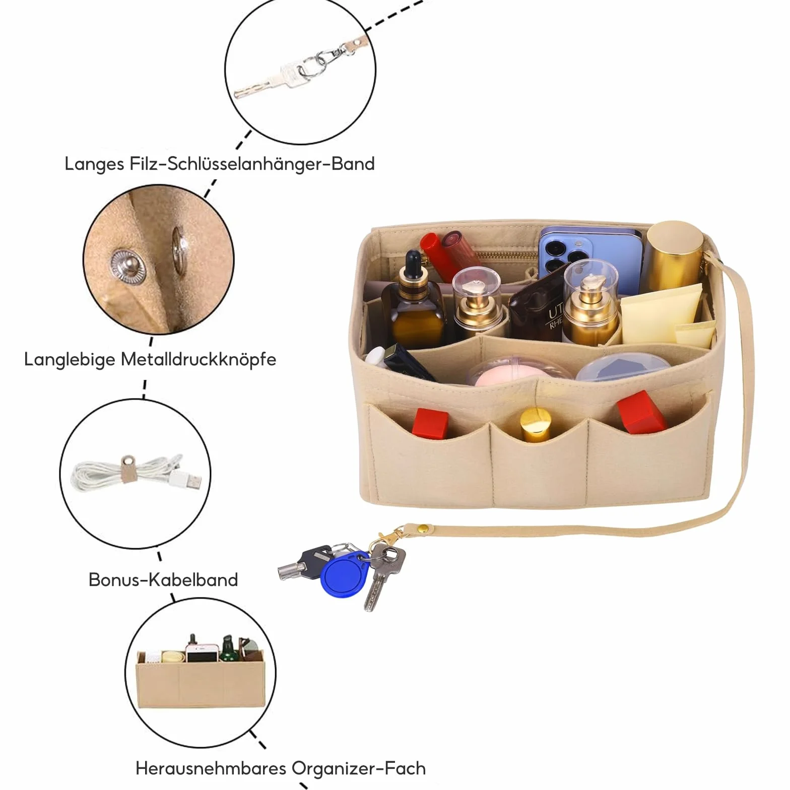 Beżowy filcowy organizer do torebki, wielofunkcyjna kosmetyczka, organizer do torebki, 2 w 1 wkład z oddzielnymi kieszonkami do torebek dla kobiet, średni (27 * 16 * 16 cm)