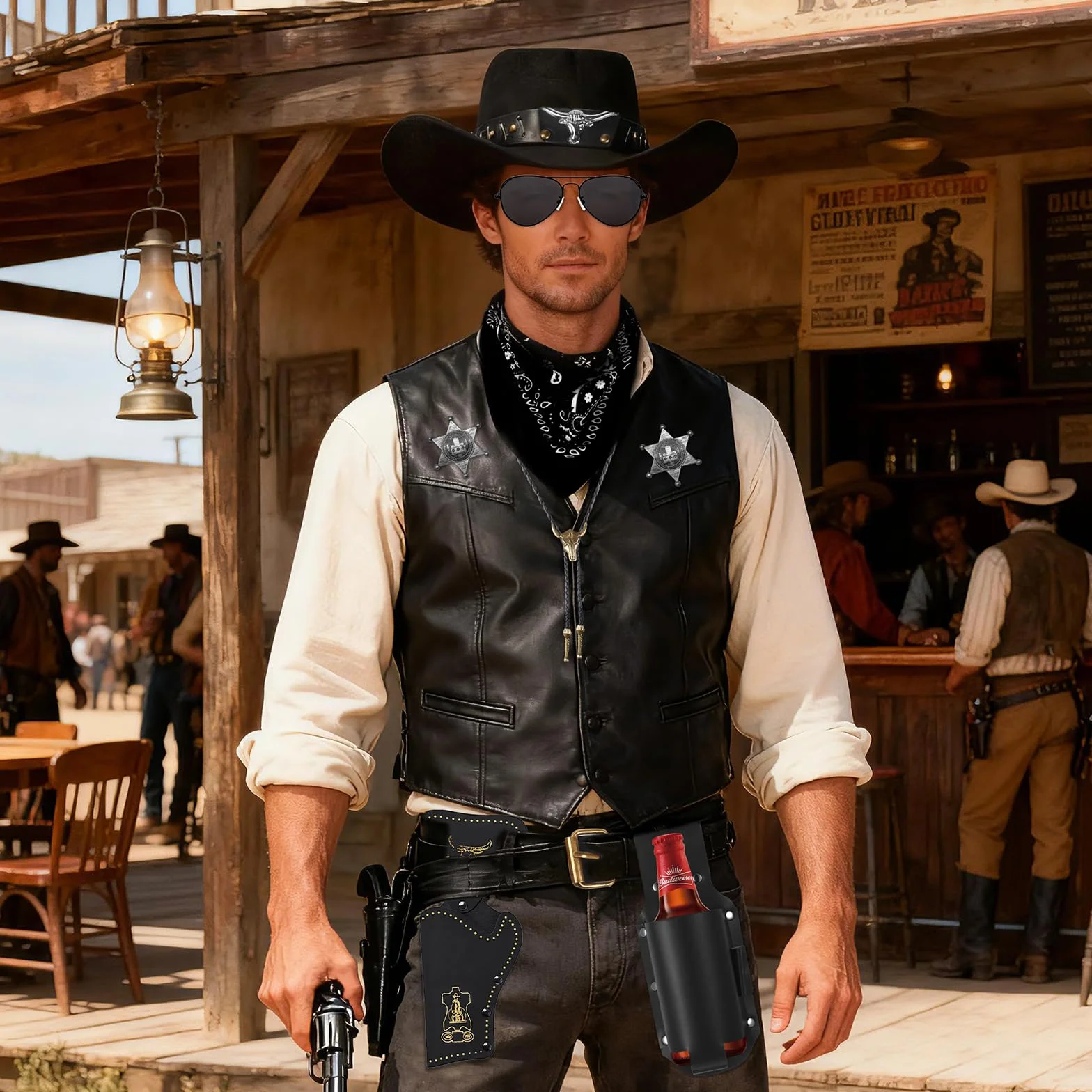 9-częściowy kostium kowbojski western, zestaw z kapeluszem, okularami, naszyjnikiem, uchwytem na kufel piwa, bandaną, kaburą, odznakami, paskiem na karnawał, na imprezę tematyczną, cosplay