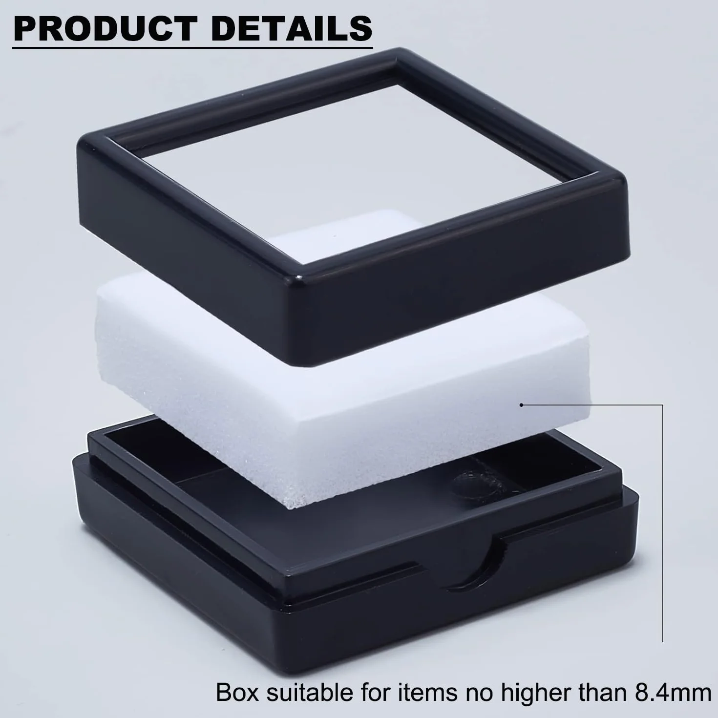 20 sztuk 3x3 cm pudełka na kamienie szlachetne, akrylowe szkatułki na biżuterię z przezroczystą pokrywką i gąbką wewnątrz, czarno-biała szkatułka ekspozycyjna, do kamieni szlachetnych