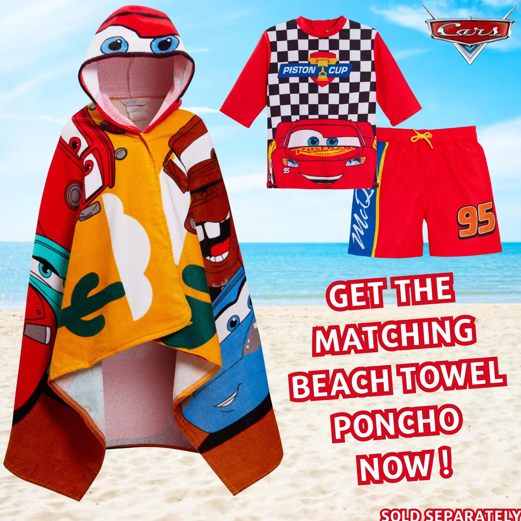 Szorty kąpielowe chłopięce Cars + Rash Vest Lighting McQueen, 2-częściowy zestaw kąpielowy dla dzieci, do surfowania + szorty, zestaw do pływania