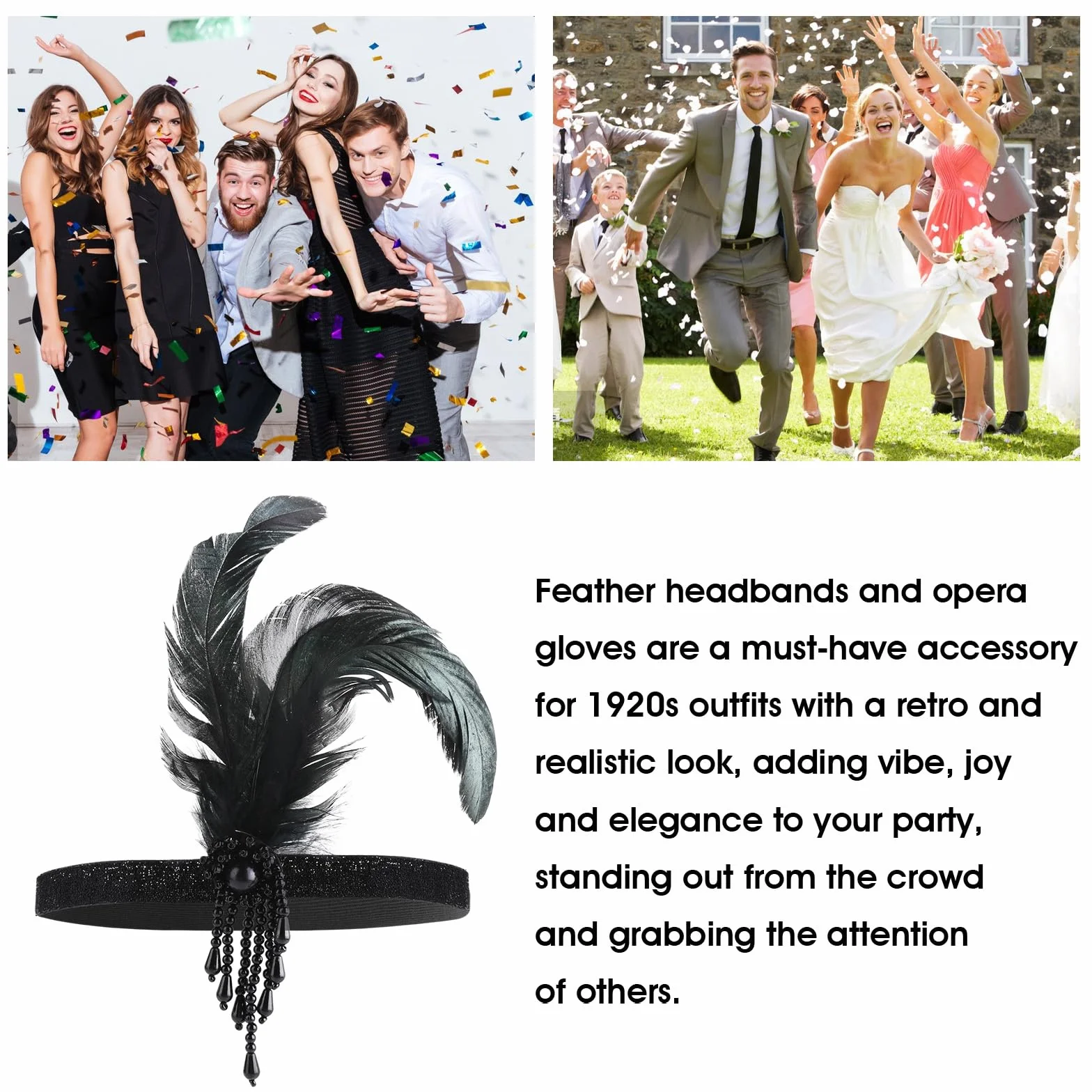 Gjinxi Kobiety lata 20. Flapper Feather opaska na głowę zestaw rękawiczek maskarada motyw Gatsby nakrycie głowy długie rękawiczki na Halloween, przyjęcie herbaciane, karnawał, kostium do włosów