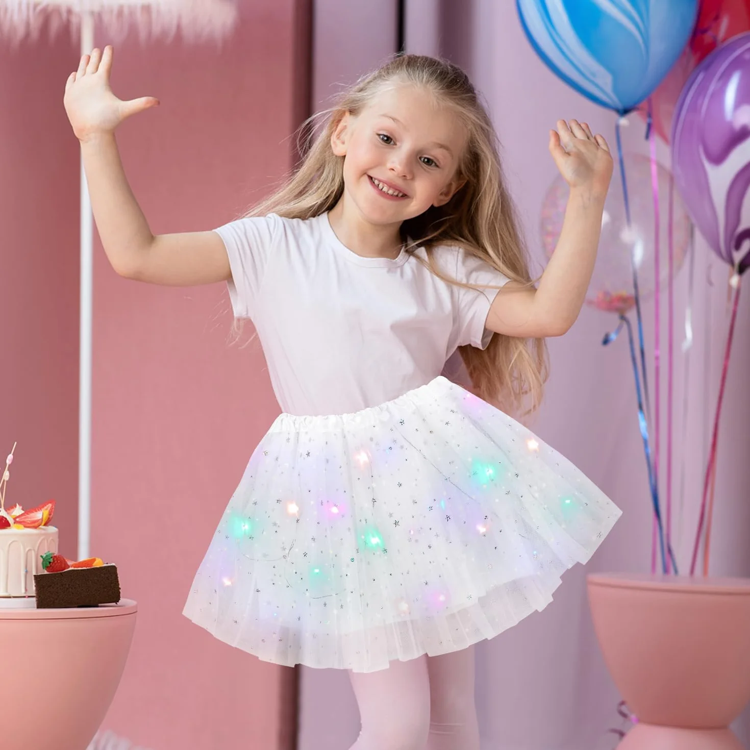 Wishstar Spódnica tiulowa dla dziewcząt, gwiazdy cekiny sukienka do tańca, 30 cm elastyczna mini spódnica z diodami LED, dla dziewczynek spódniczka baletowa na karnawał Halloween, sukienka baletowa