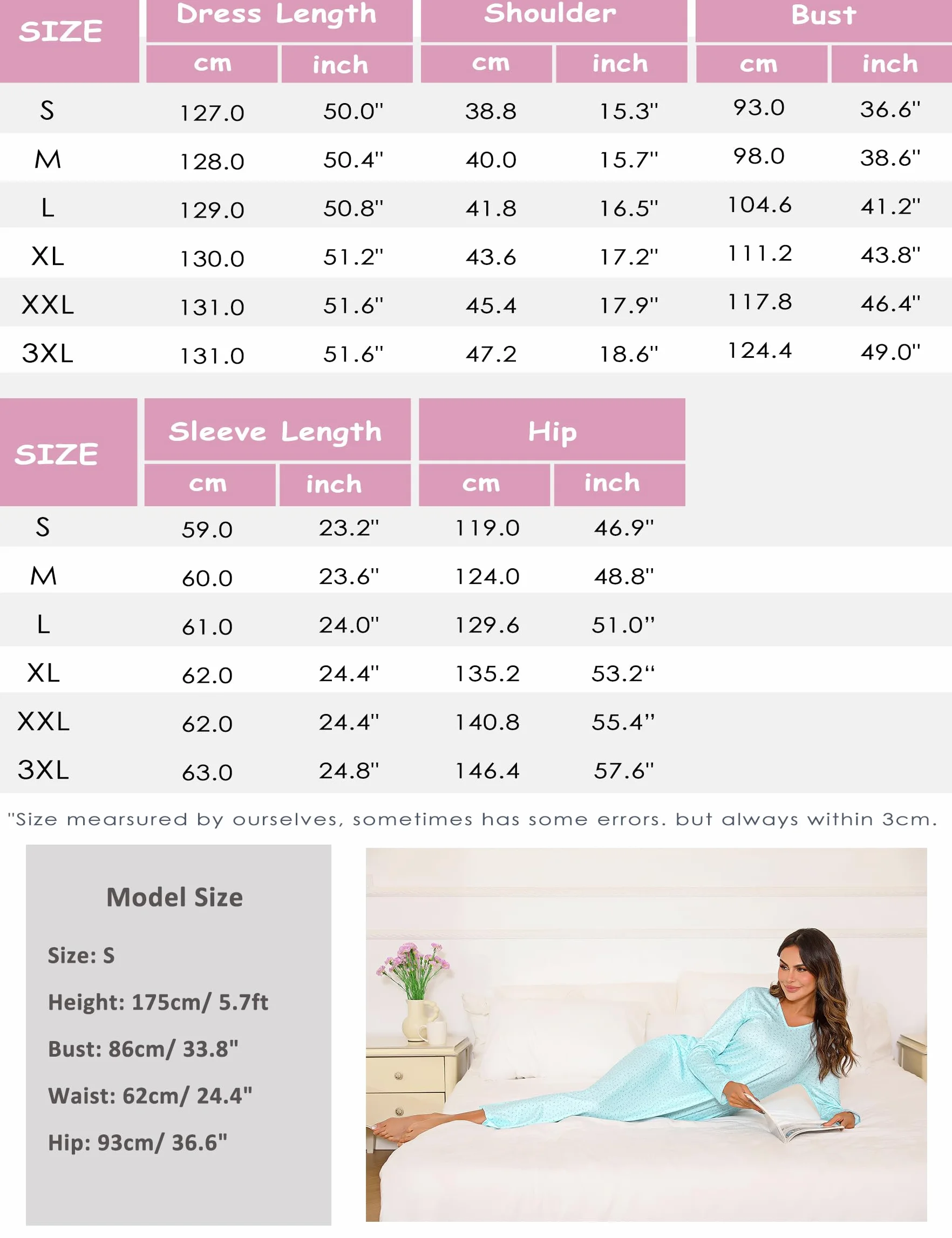 Sykooria Damska długa koszula nocna bawełniana luźna koszula nocna plus size koszula nocna z długim rękawem dekolt w serek sukienka do spania na co dzień bielizna nocna z kieszeniami