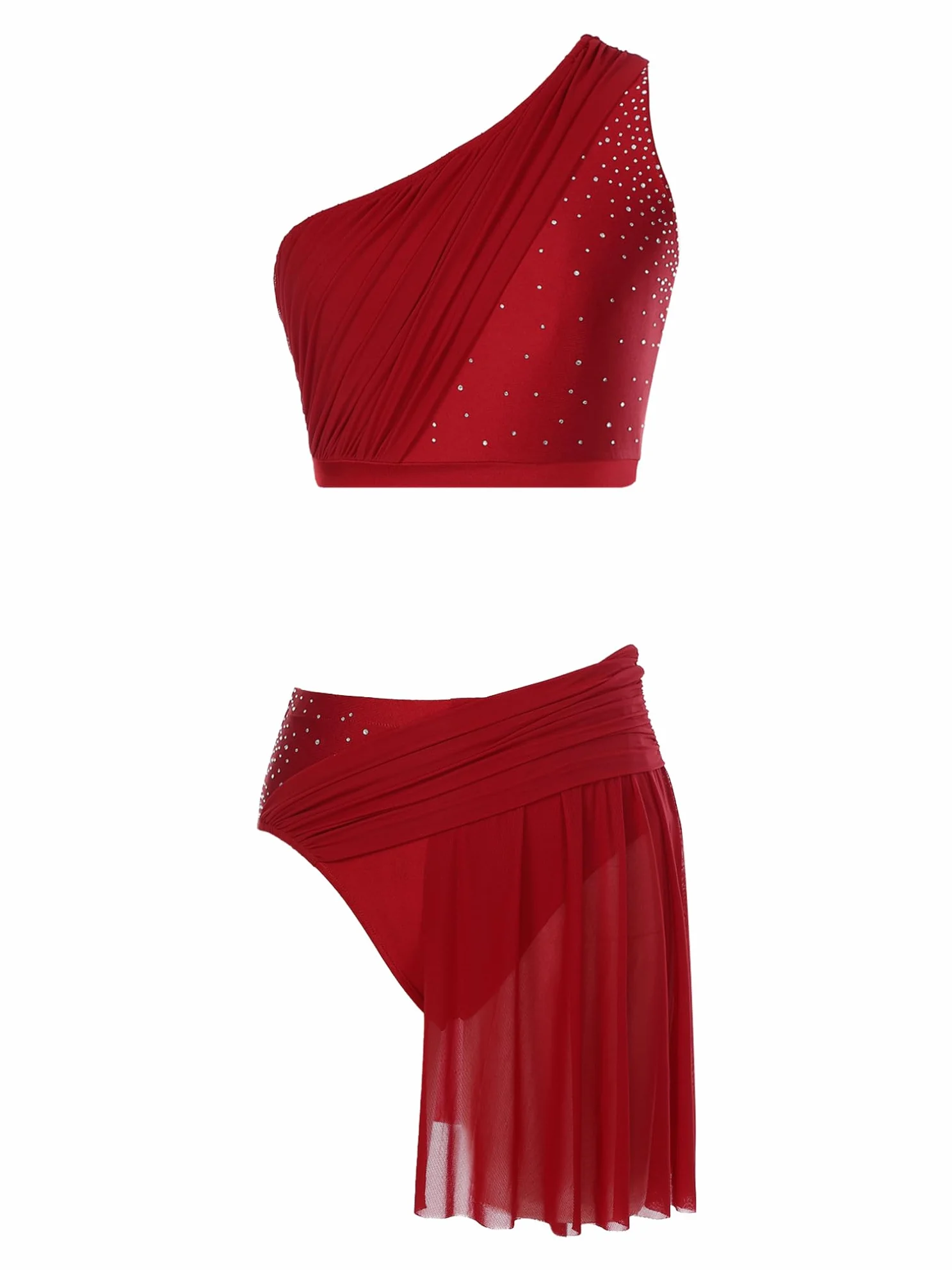 JEATHA Damski 2-częściowy kostium Lyrical Dance ze strasu Crop Top Mesh Tiul Trykot Spódnica dla dorosłych, nowoczesny strój do tańca